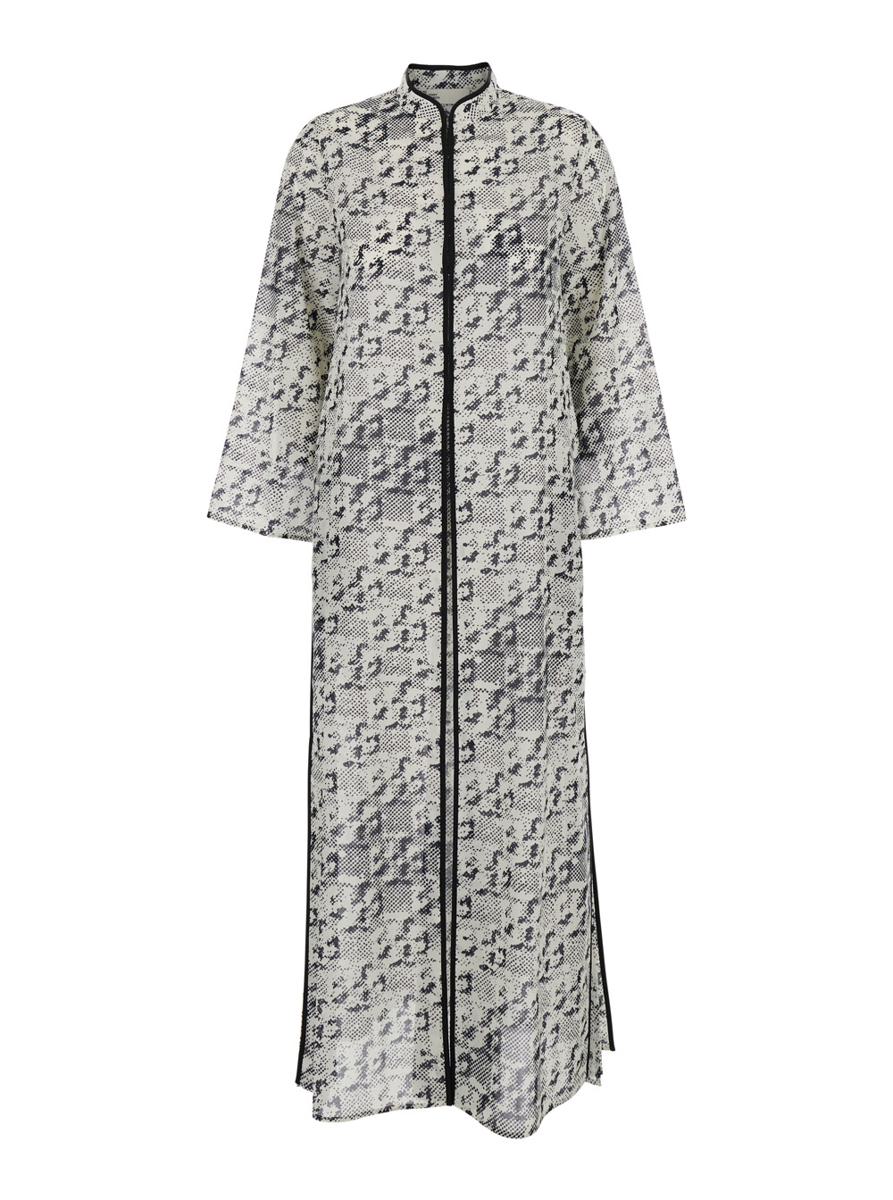 Grey Kaftan With Contrasting Trims And Eyelet Closure On The Front In Silk And Cotton Blend Woman