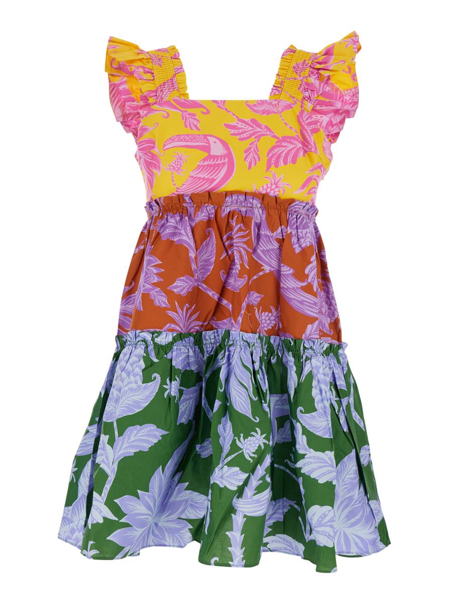 Multicolor Dress With All-Over Floral Motif And Ruffled Skirt In Cotton Woman