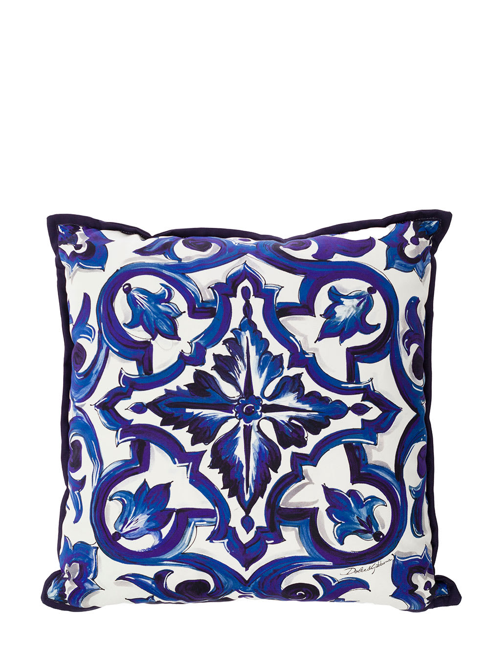 Blue And White Small Cushion With Blue Mediterranean Print In Cotton Dolce & Gabbana