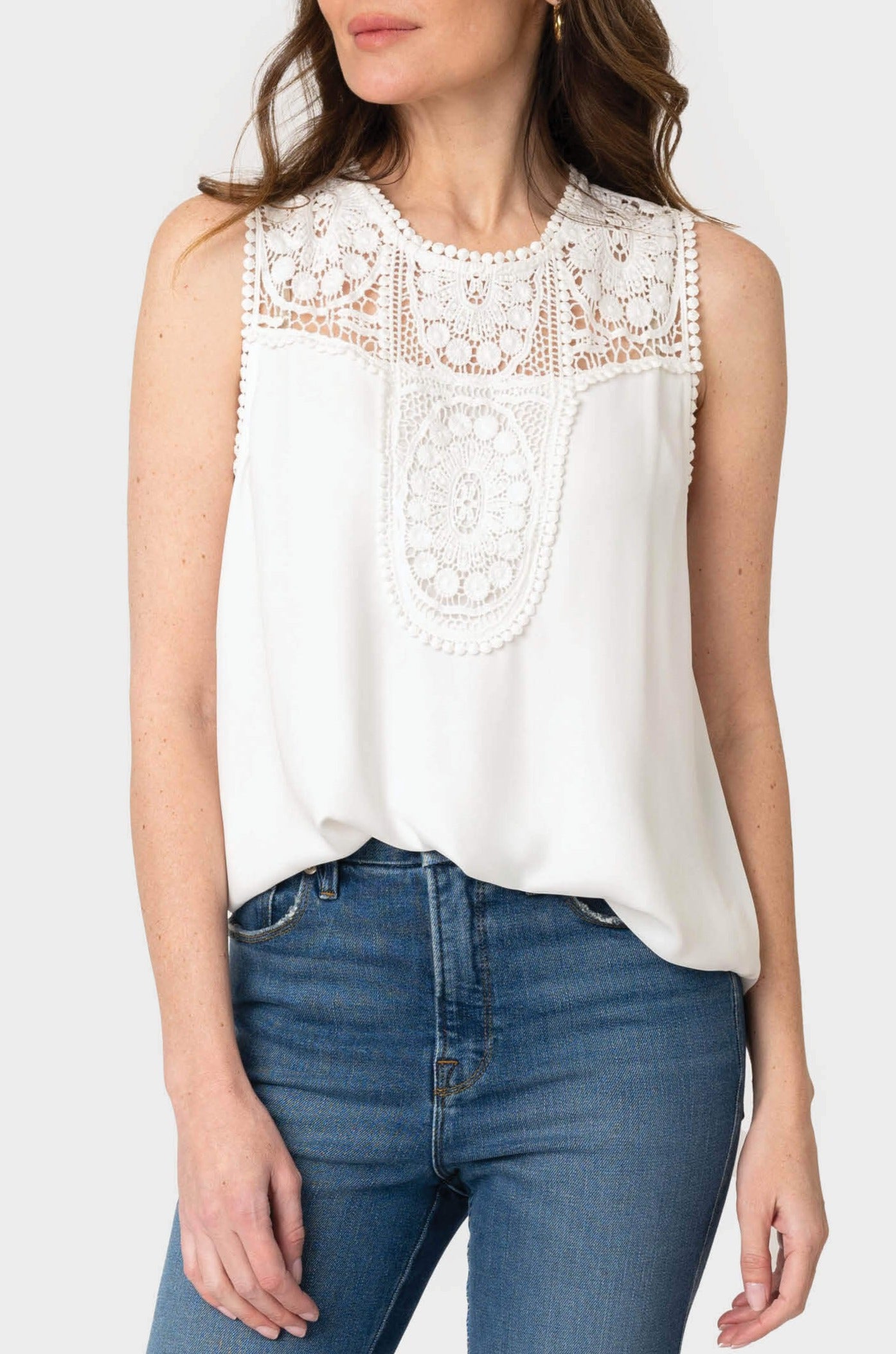 Luna Crochet Yoke Woven Tank - Off White S