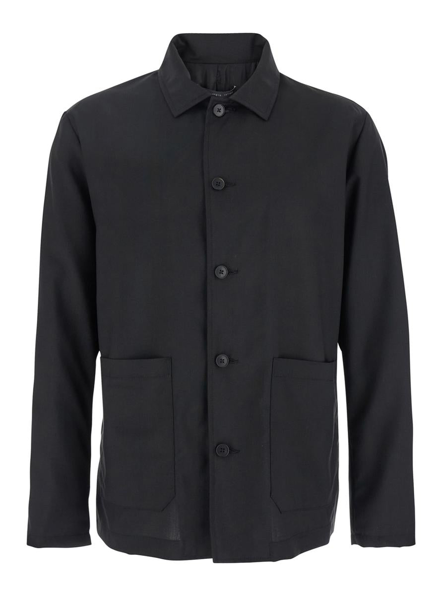 Black Jacket With Classic Collar And Patch Pockets On The Front In Wool Man