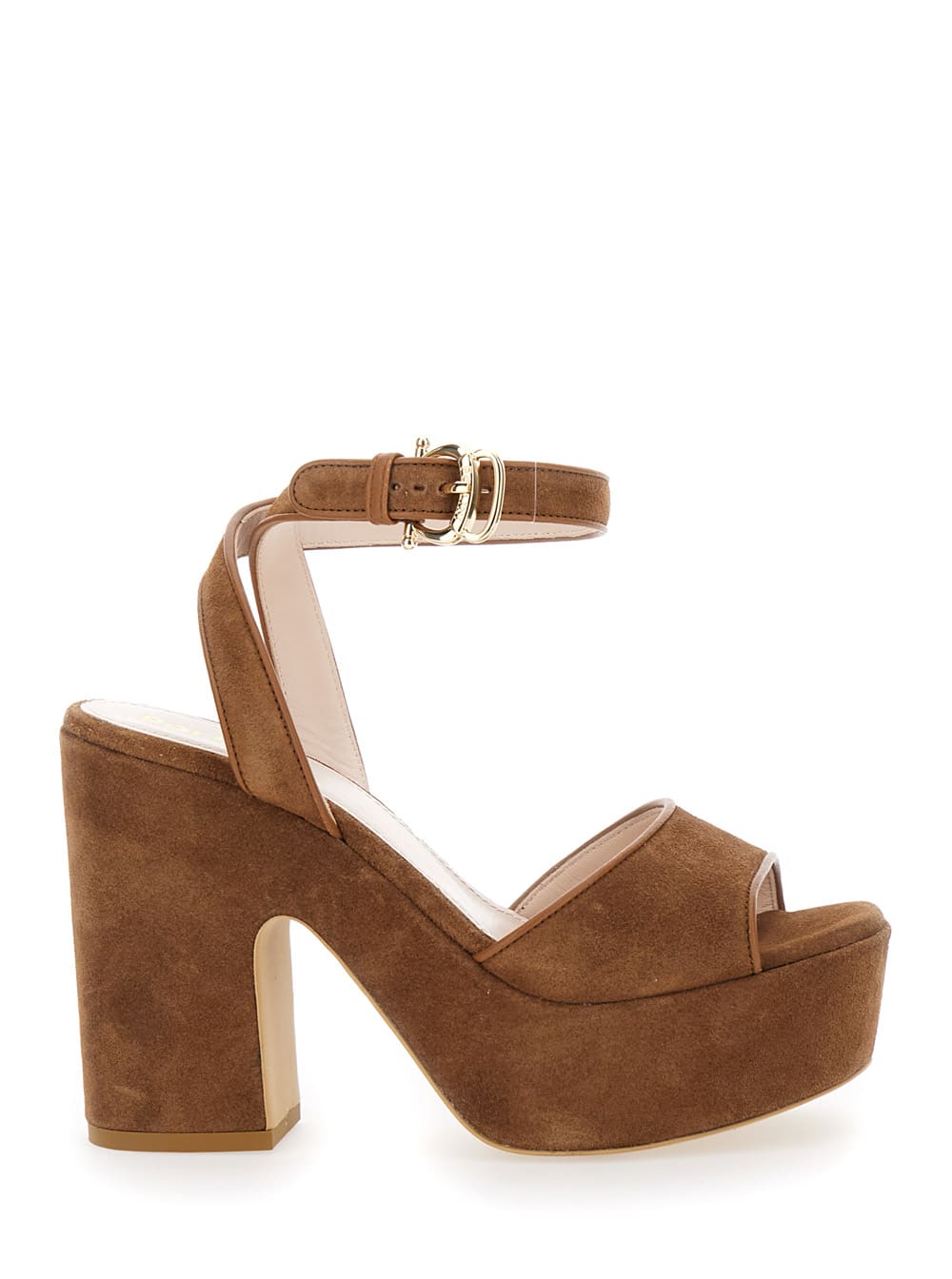 Pollini Brown Décolleté With Ankle Strap And Platform With Chunky Heel In Suede Woman