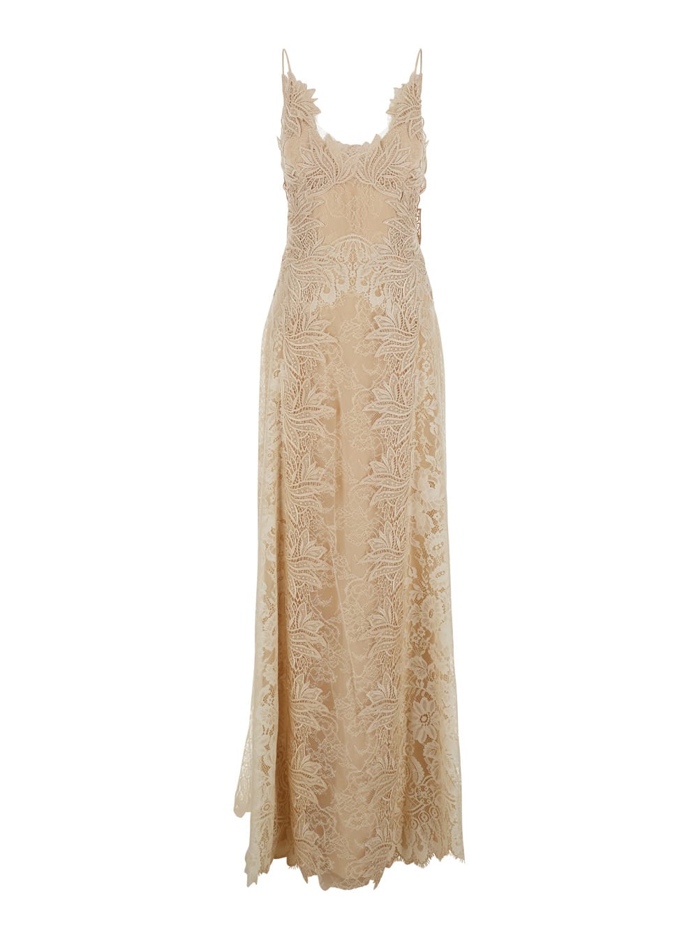 Alberta Ferretti Beige Long Dress With All-over Lace Details And Thin Straps In Cotton Blend Woman