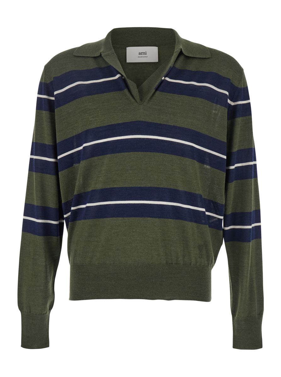 Green Polo With All-Over Striped Motif And Polo-Style Collar In Wool And Silk Blend Man