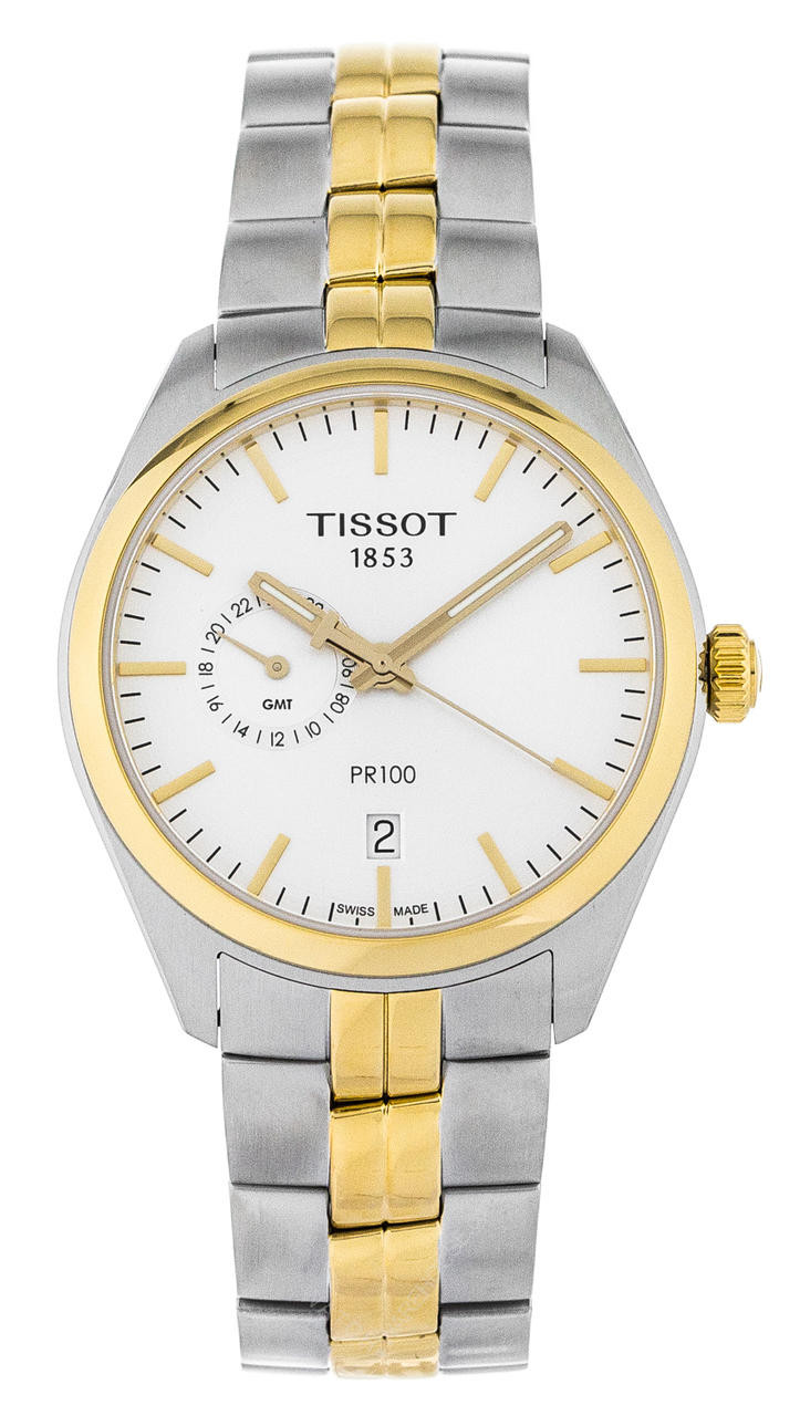 TISSOT PR 100 Dual Time 39MM Two-Tone Silver Dial Watch T101.452.22.031.00 / T1014522203100