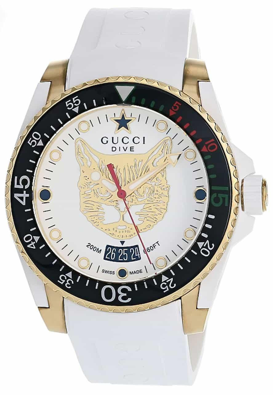 GUCCI Dive 40MM White Feline Head Dial Rubber Men's Watch YA136322