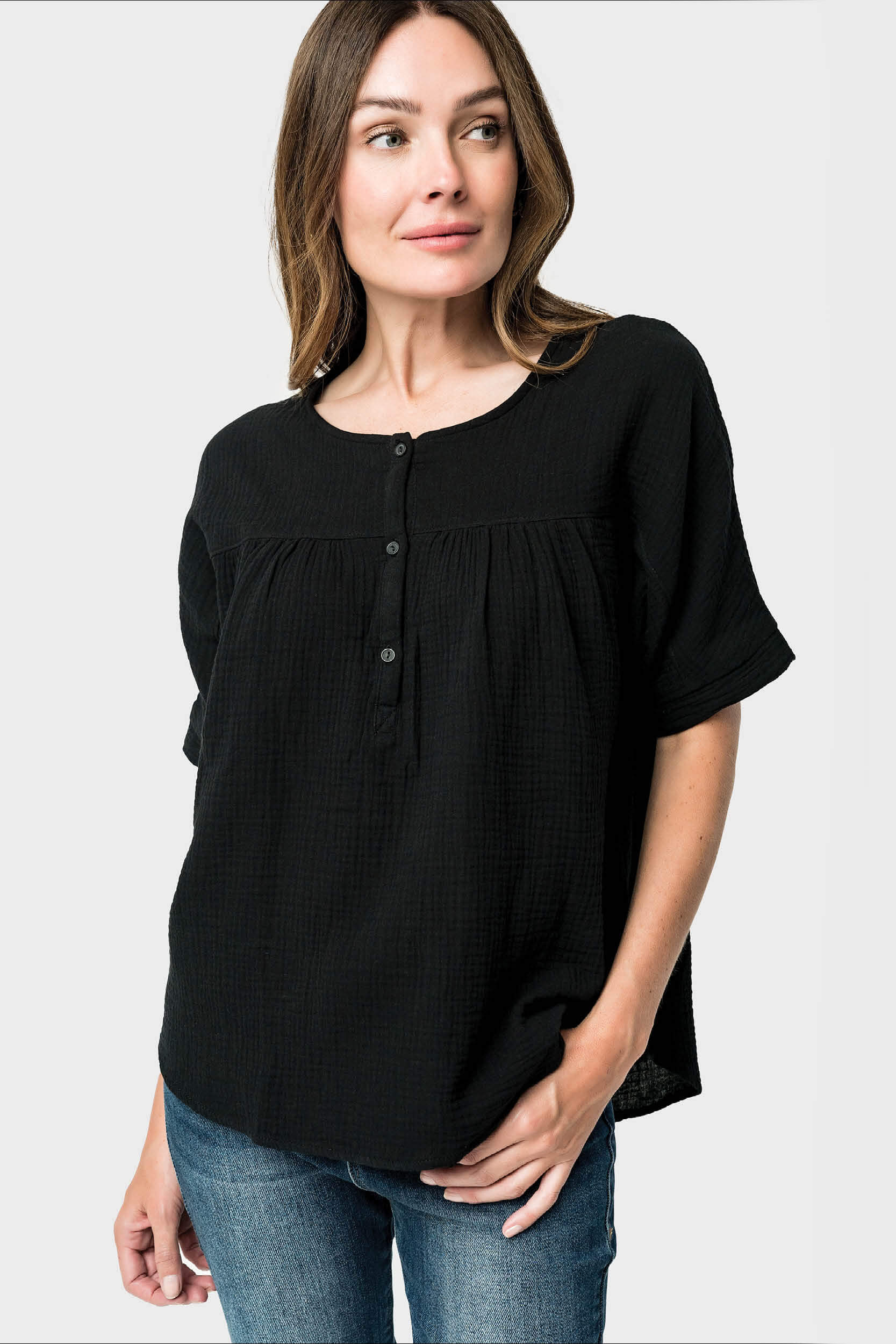 Cotton Gauze Henley Top - Black XS