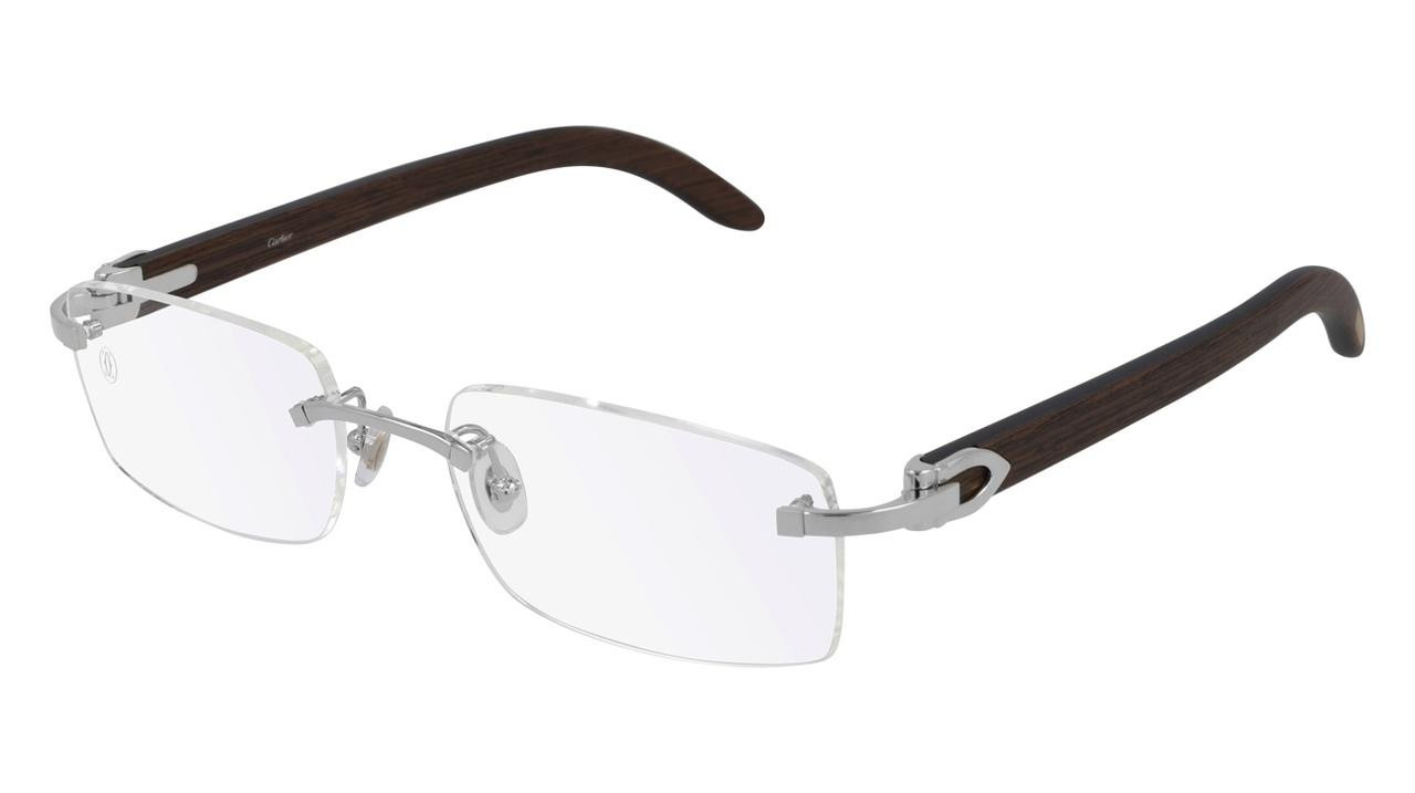 CARTIER Silver With Brown Wood Temples 53MM Unisex Eyewear CT0052O 004