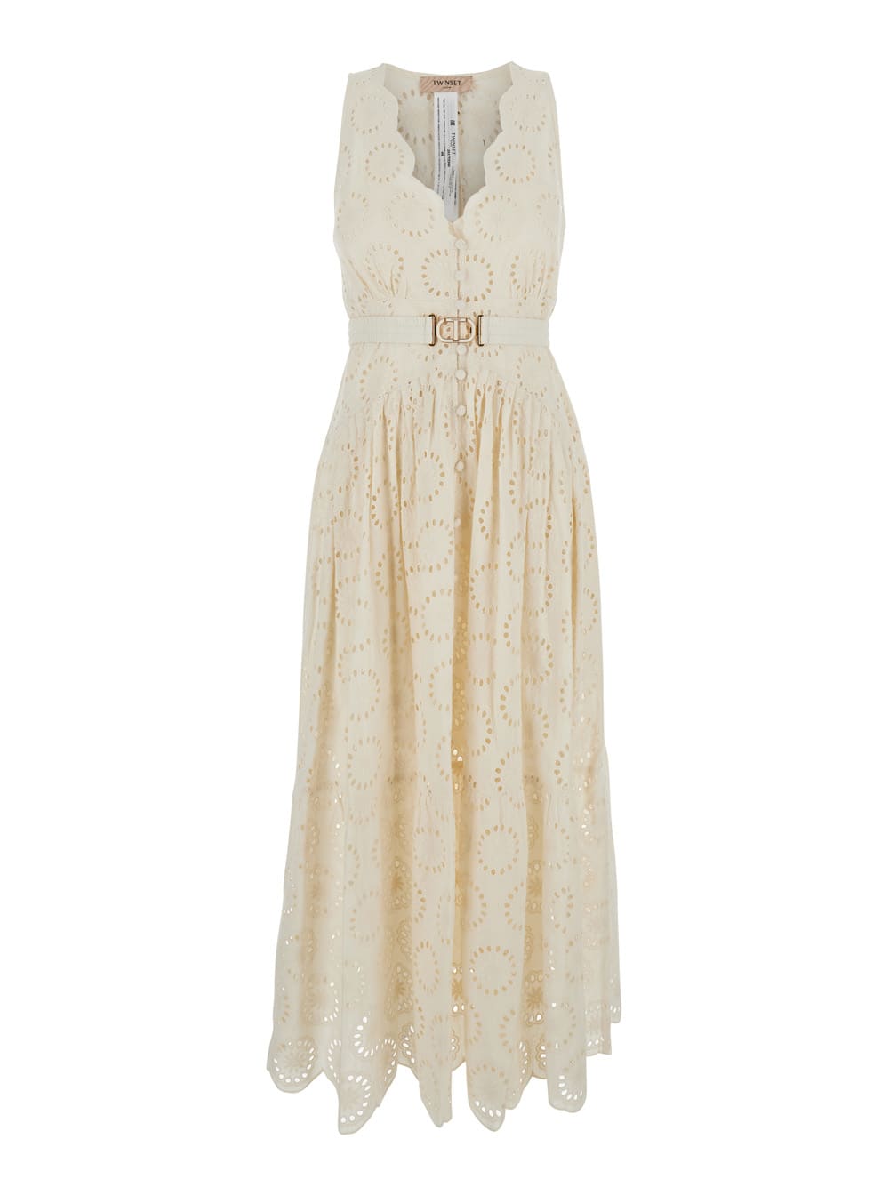 TwinSet White Long Dress With V-neck And Waist Belt With Metallic Logo Plaque In Cotton Woman