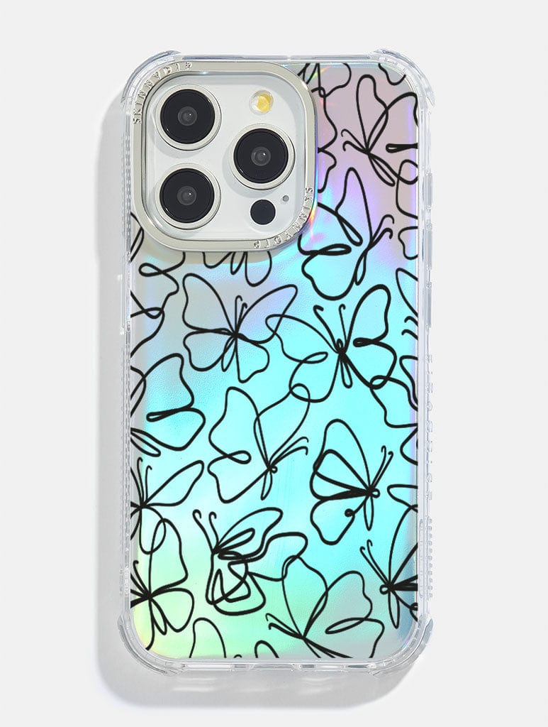 Black Butterfly Doodle Holo Foil Shock i Phone Case, i Phone 14 Pro Max Case