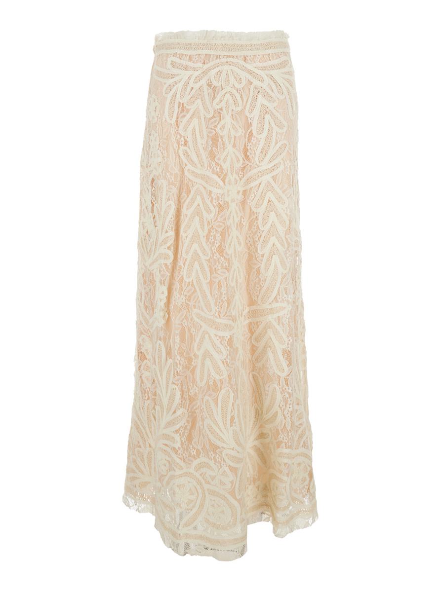 Beige Long Skirt With All-Over Lace Embroidery In Tech Fabric Woman