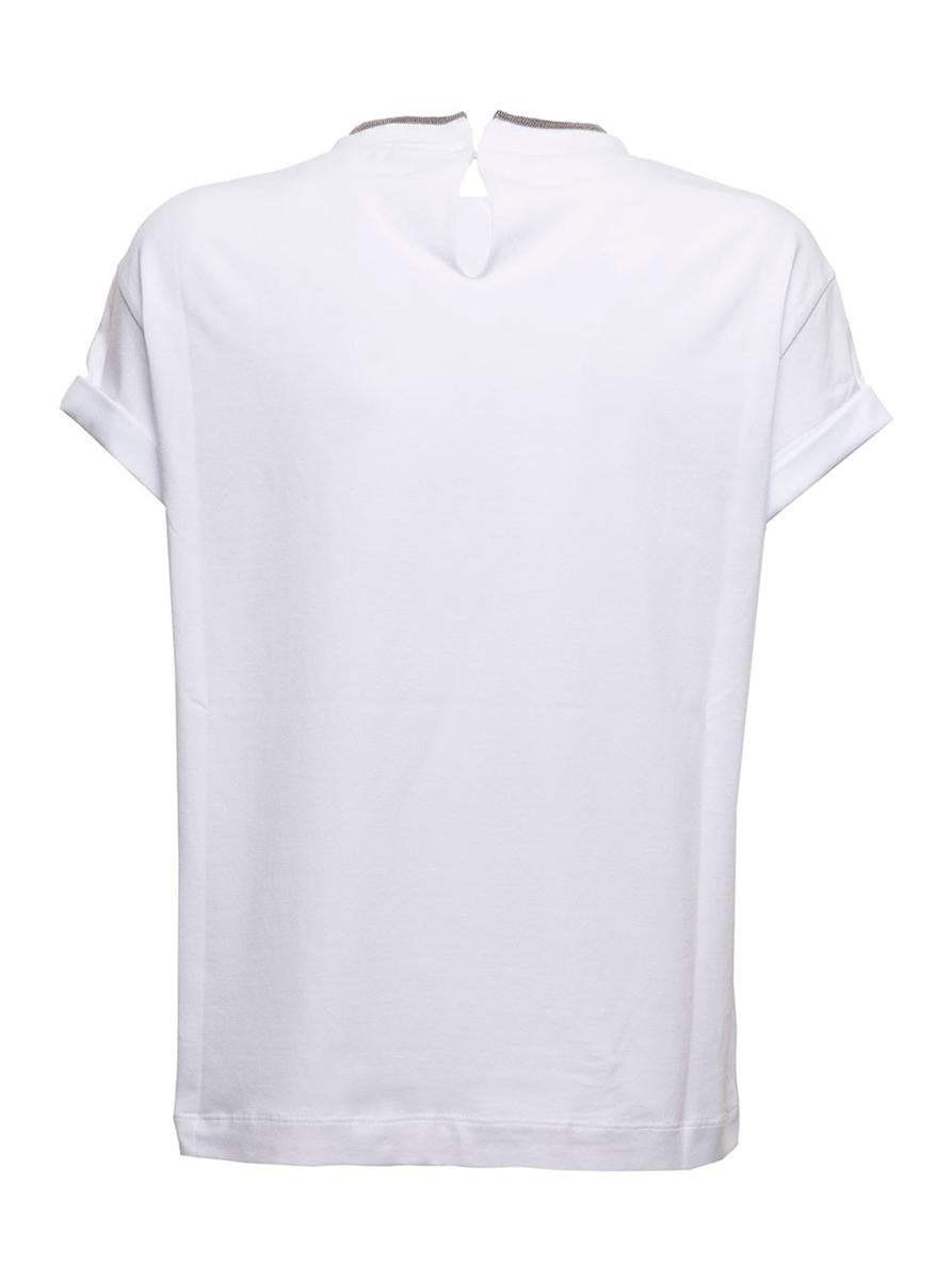 Brunello Cucinelli Woman'S White Cotton T-Shirt With Monile Crew Neck