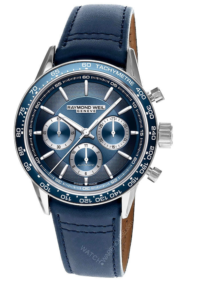 RAYMOND WEIL Freelancer 43.5MM SS Blue LTHR Men's Watch 7741-SC3-50021