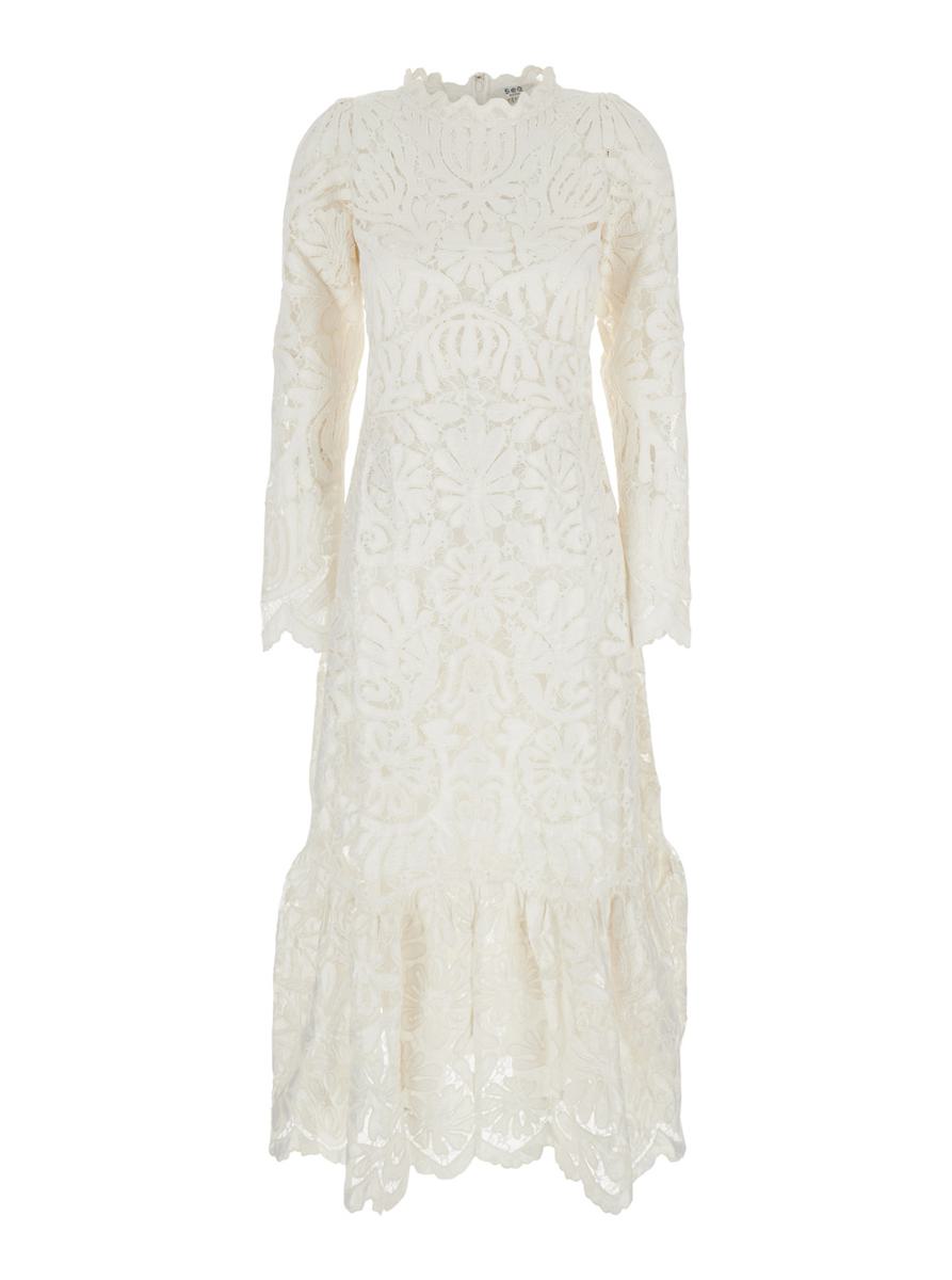 'Agathe Applique' White Crewneck Long Dress With Asymmetric Hem In Tech Fabric Woman