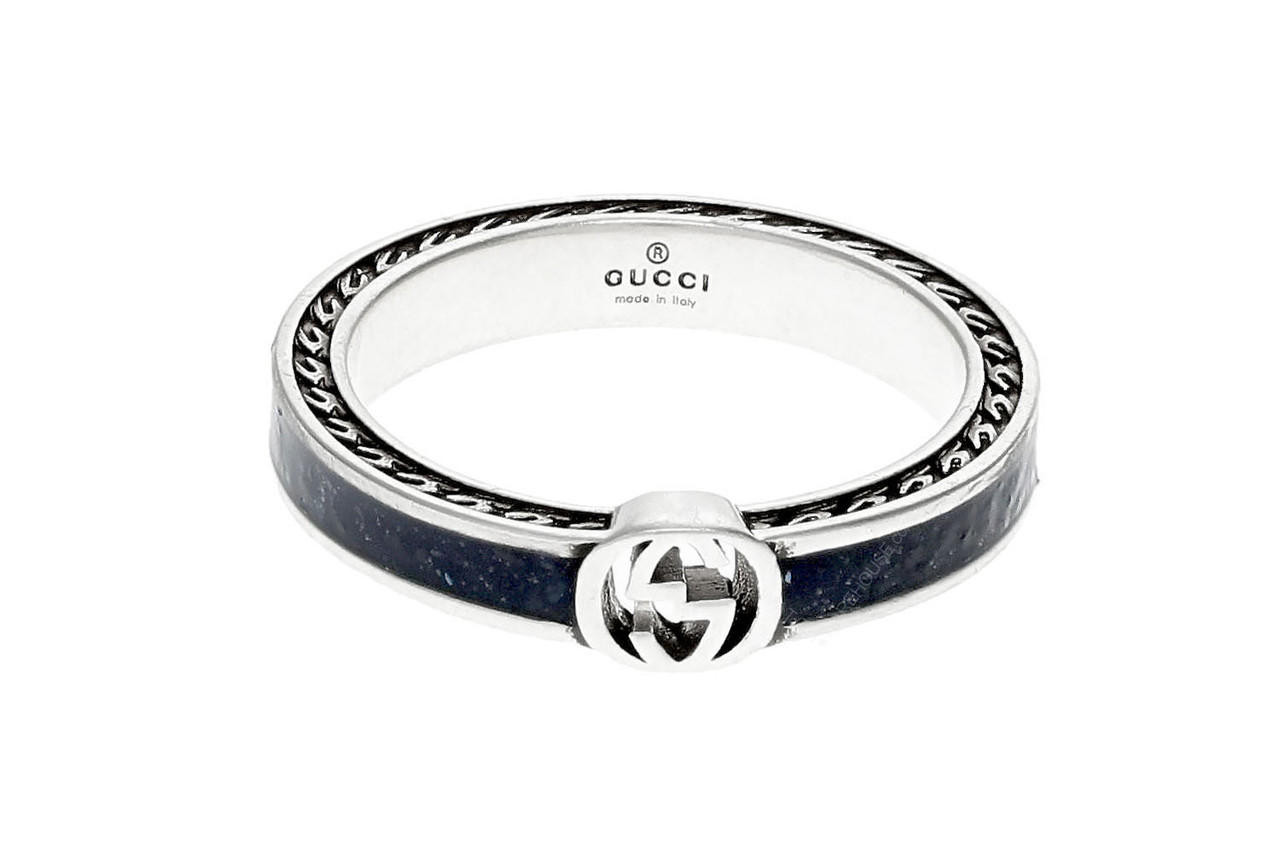 GUCCI Sterling Silver & Black Enamel Interlocking G Ring YBC7016200010