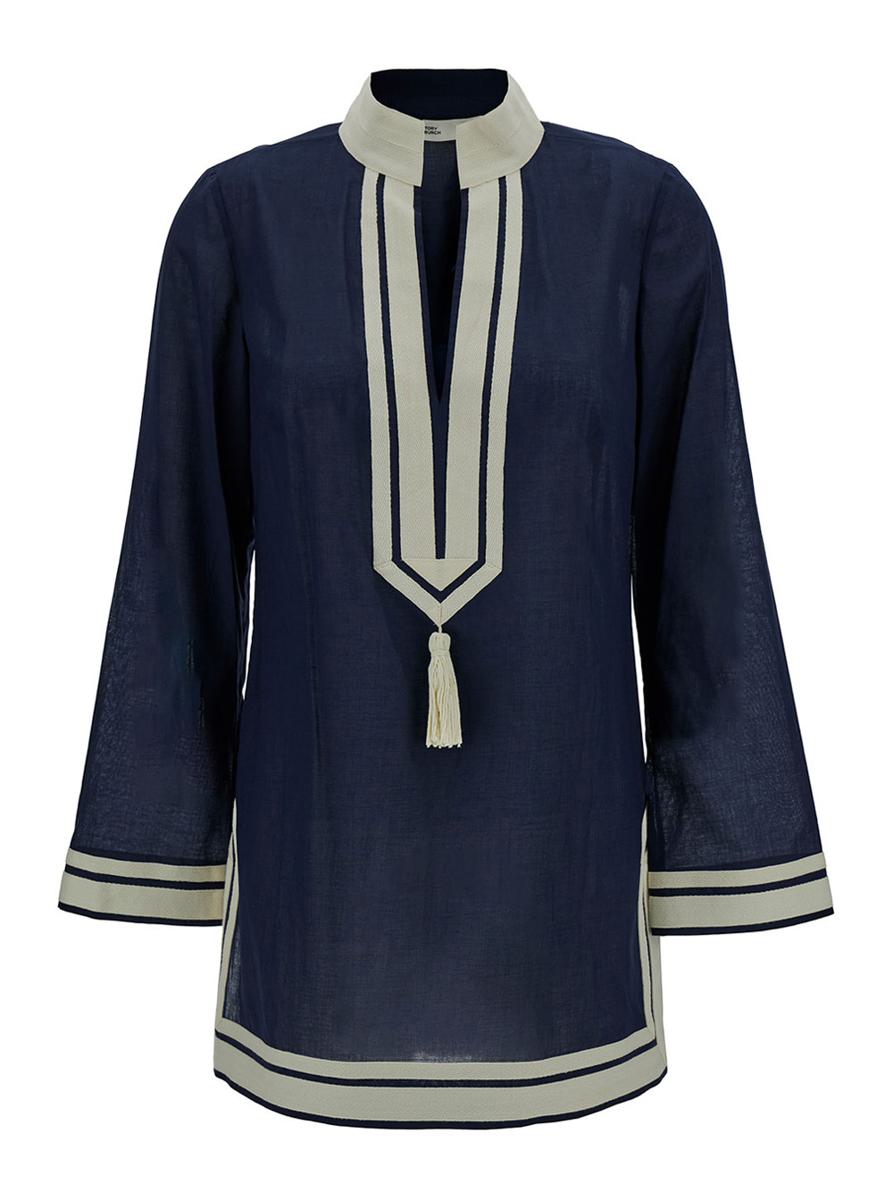 Blue Tunic With Contrasting Details And Tassel In Cotton Woman