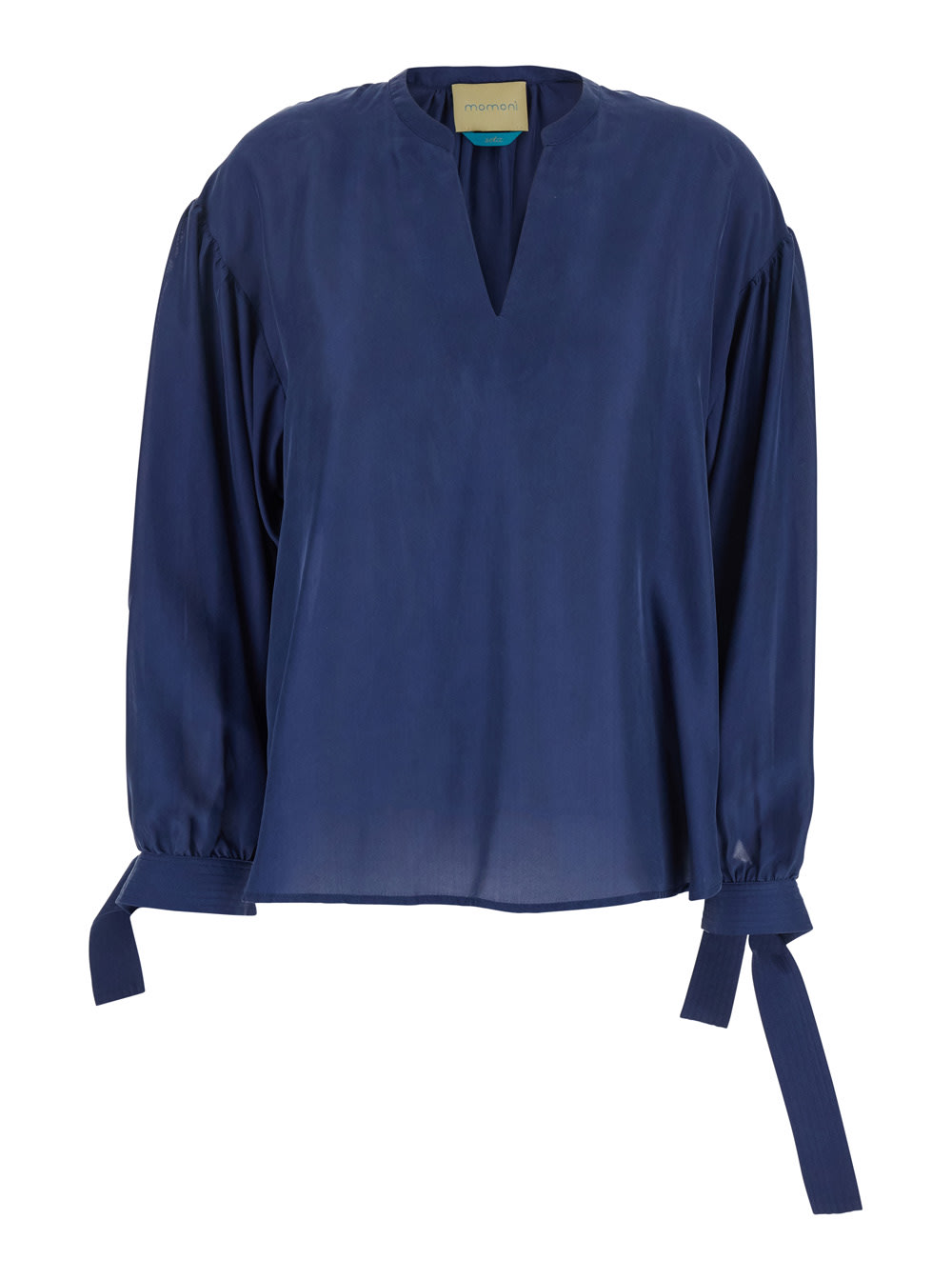 Momonì musa Blue Blouse With V Neck And Cuffs With Bow In Silk Woman