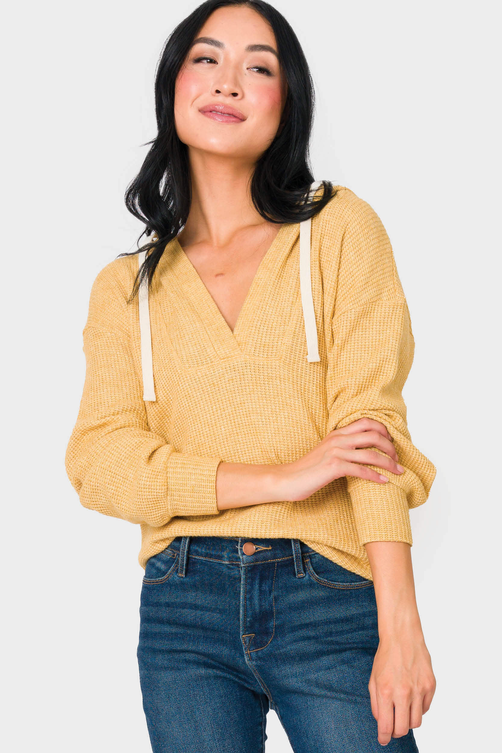 Thermal Stitch High Low Hoodie Pullover - Goldenrod XS