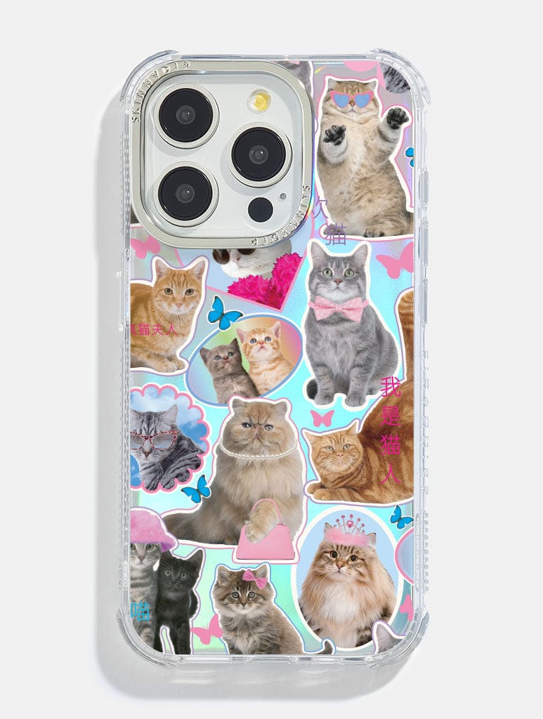 Cat Sticker Holo Foil Shock i Phone Case, i Phone 14 Plus Case