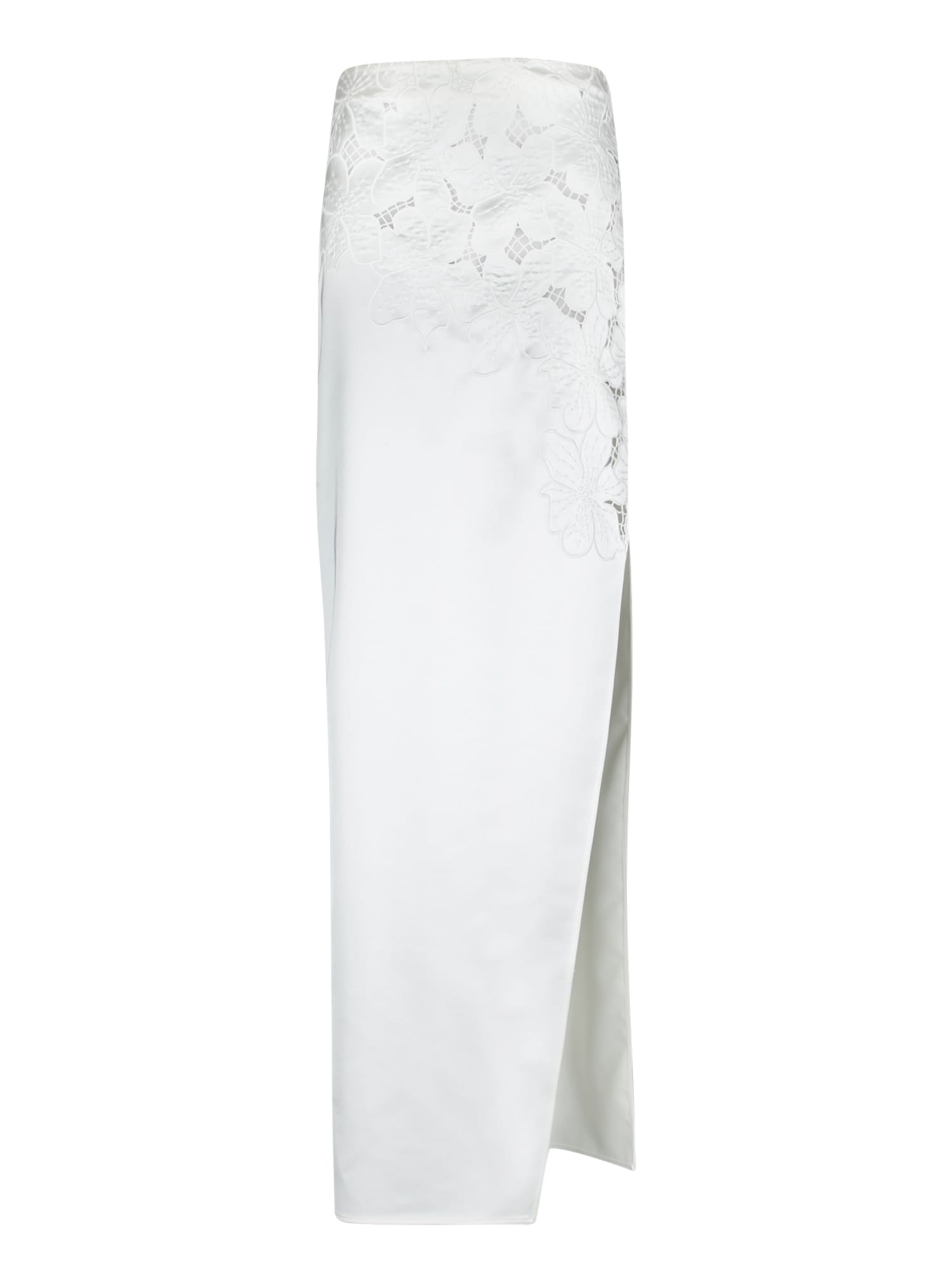 Genny Long Flower Satin Skirt In White