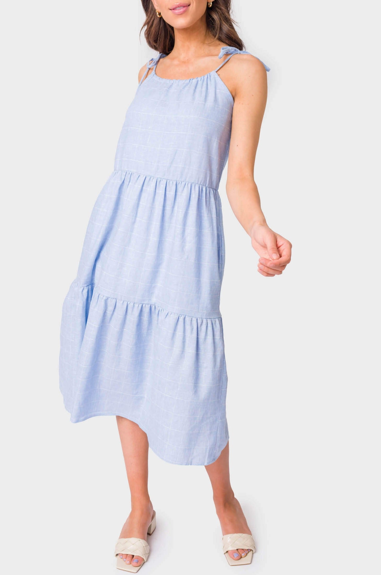 Adjustable Drawstring Tiered Midi Dress - Sky Windowpane Plaid XXS