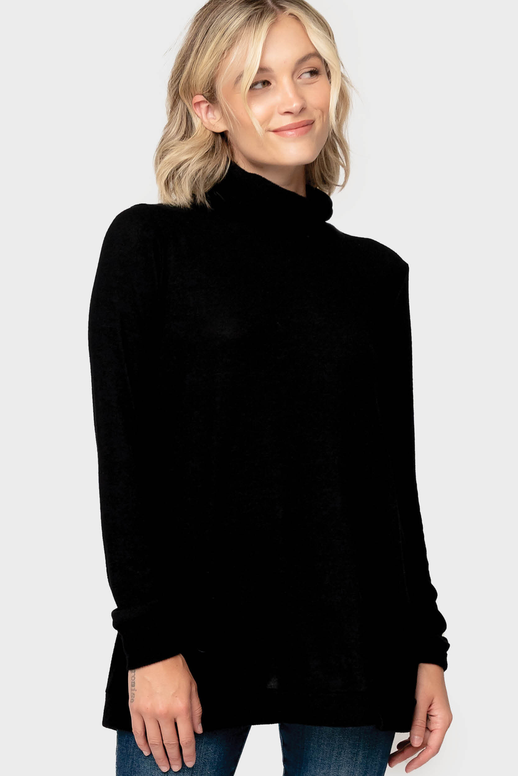 Cozy Knit Tunic with Asymmetrical Back Detail - Black XS