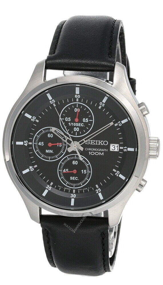 Seiko Chronograph Black Dial 43MM LTHR Strap Men's Watch SKS547