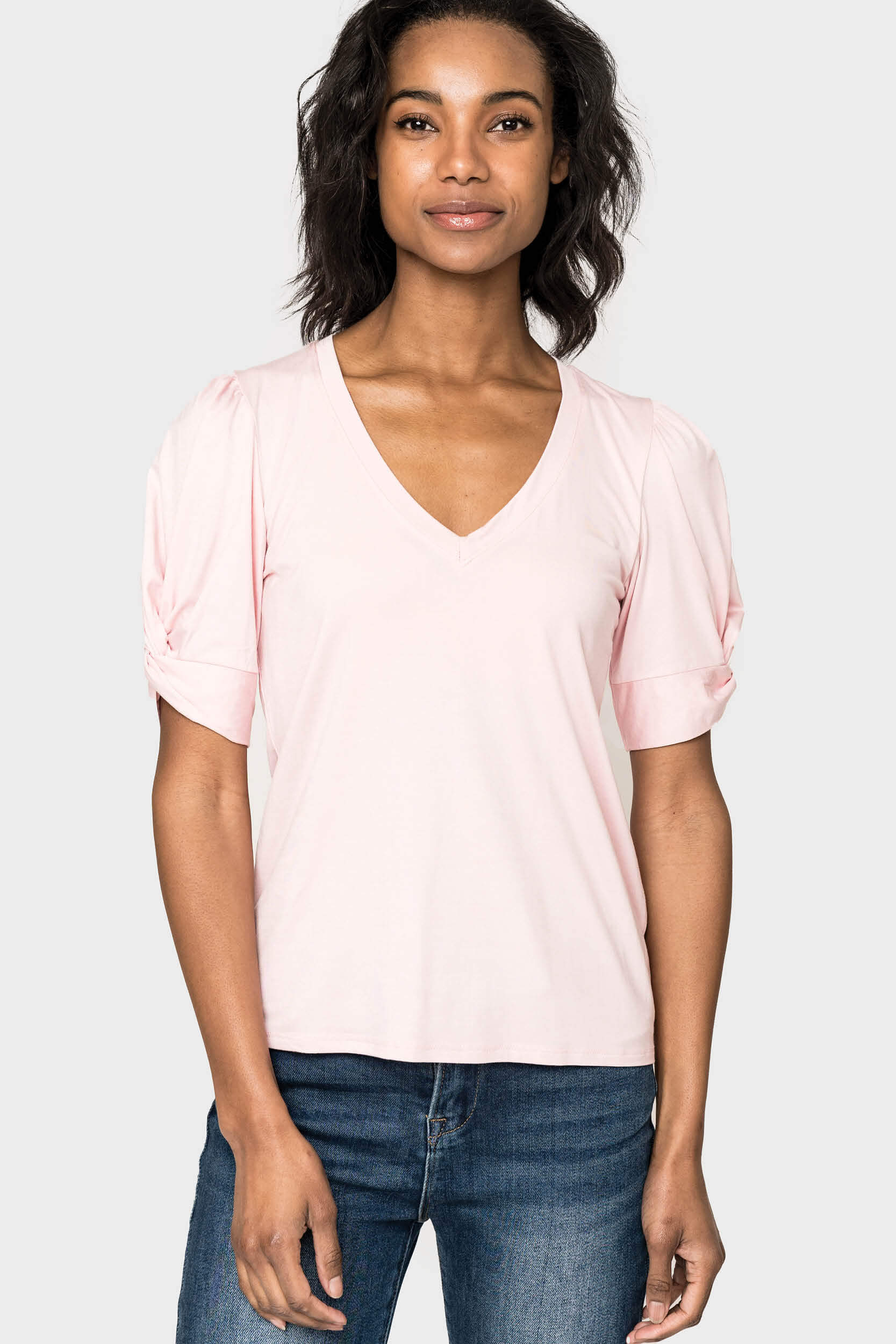 Rouched Elbow Sleeve V-Neck Tee - Dune Pink XXL