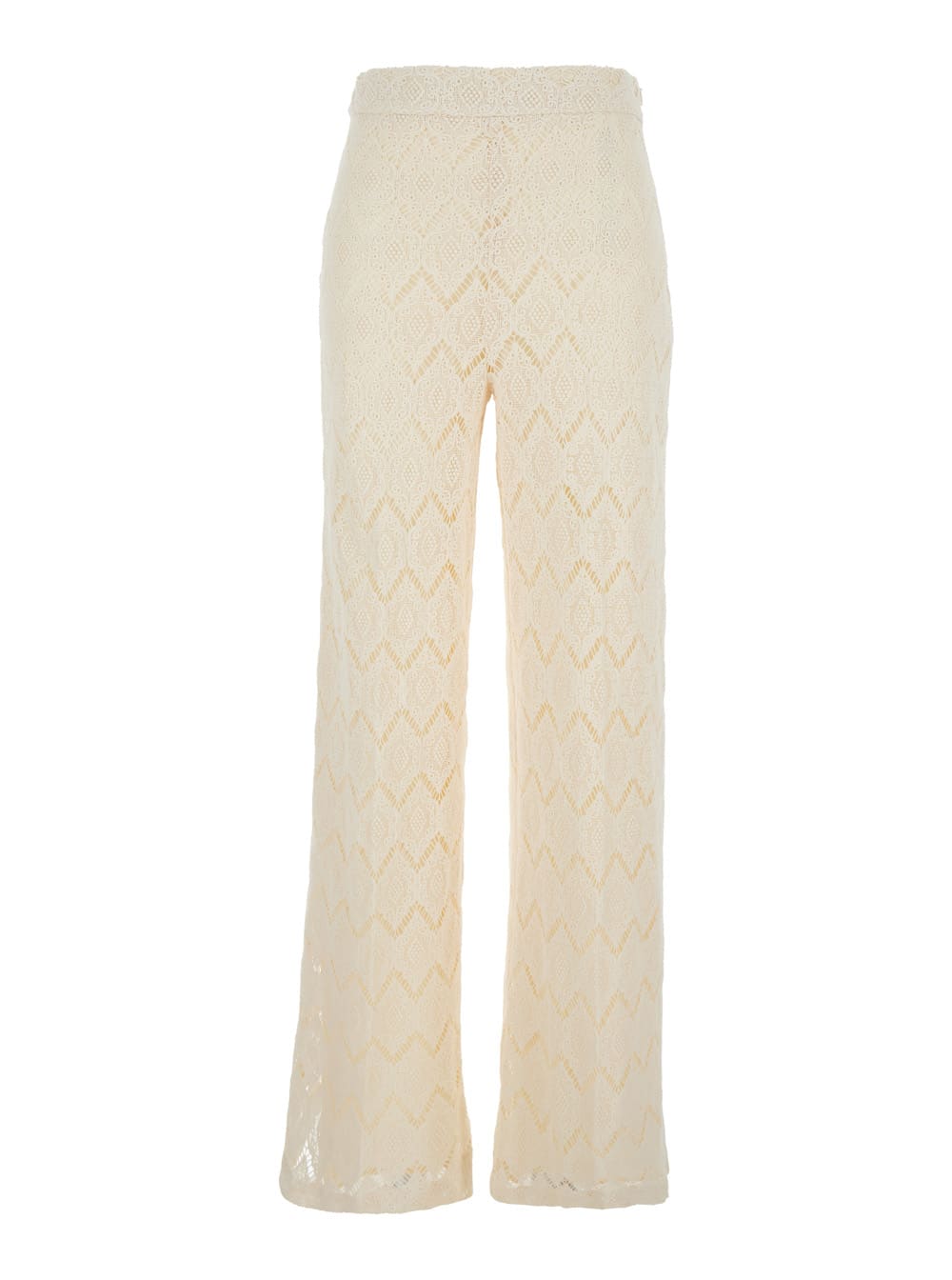 Beige High-waist Pants With Logo Plaque On The Back In Macramé Cotton Woman TwinSet