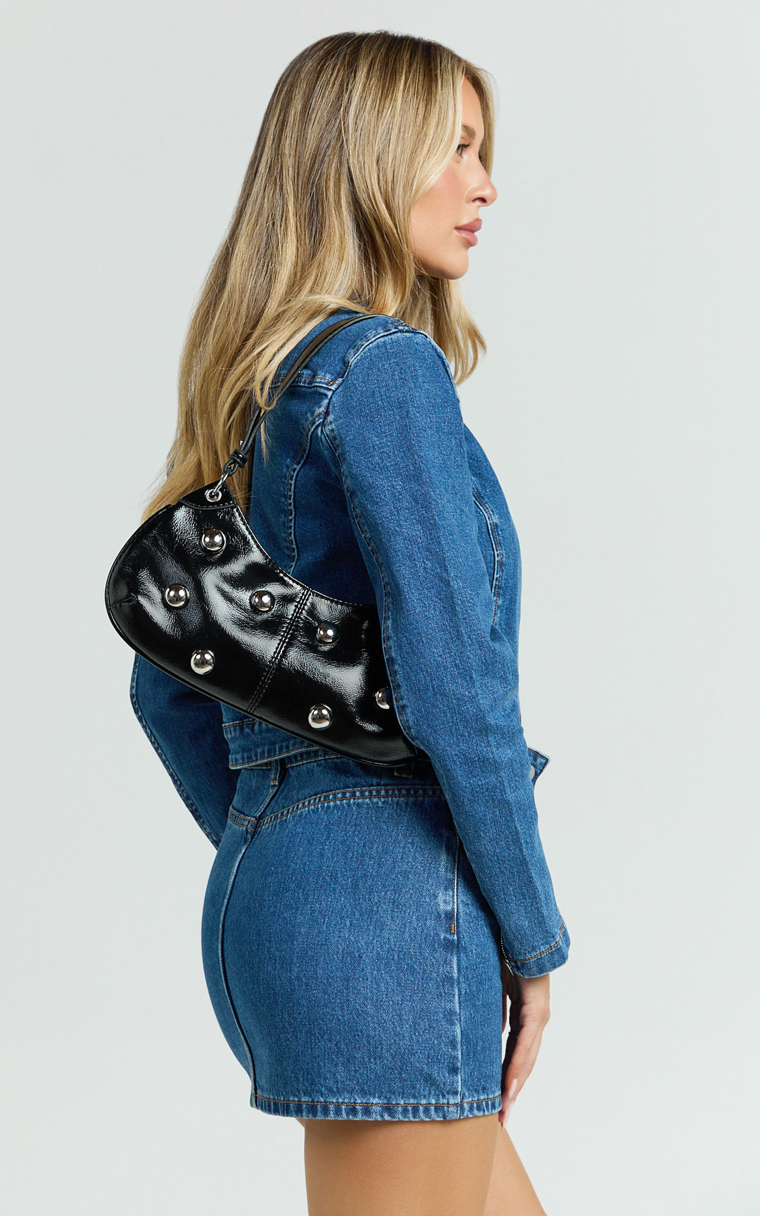 Laine Bag - Studded Vinyl Shoulder Bag in Black