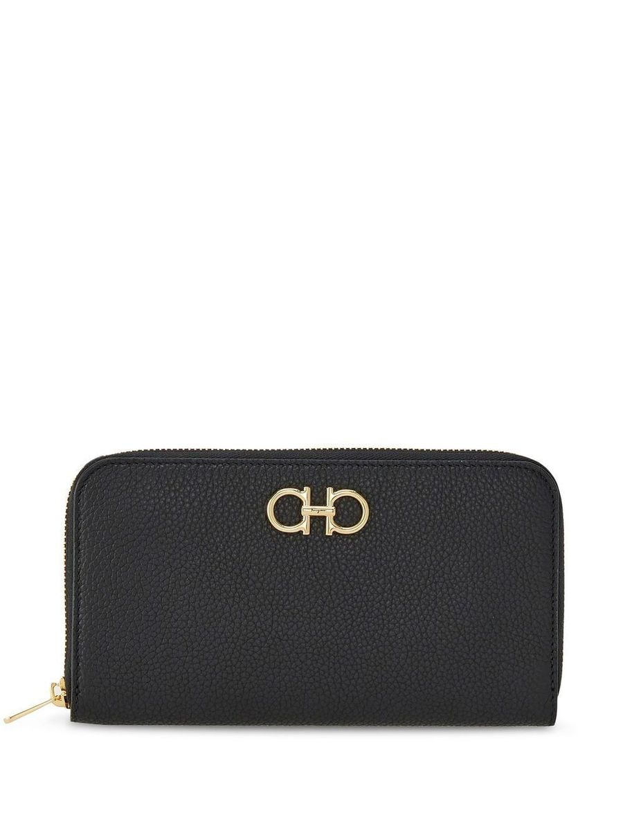 'Giove' Black Wallet With Gancini On The Front In Leather Woman
