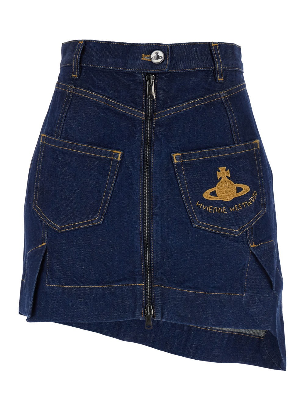 Vivienne Westwood 水手蓝牛仔迷你裙 不对称下摆 土星刺绣 字母logo 女士款