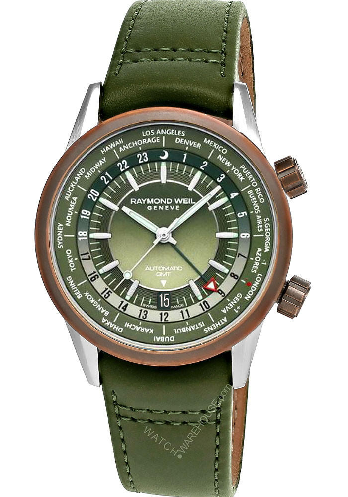 RAYMOND WEIL Freelancer GMT Worldtimer 41MM AUTO Green LTHR Men's Watch 2765-SBC-52001