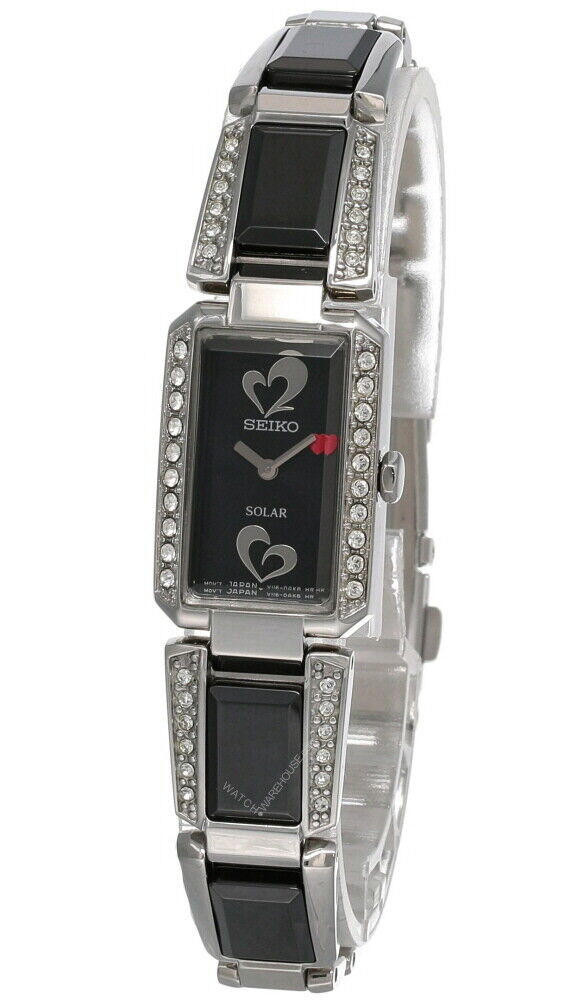 New Seiko Solar Black Dial Black Ceramic With S-Steel Women's Watch SUP187