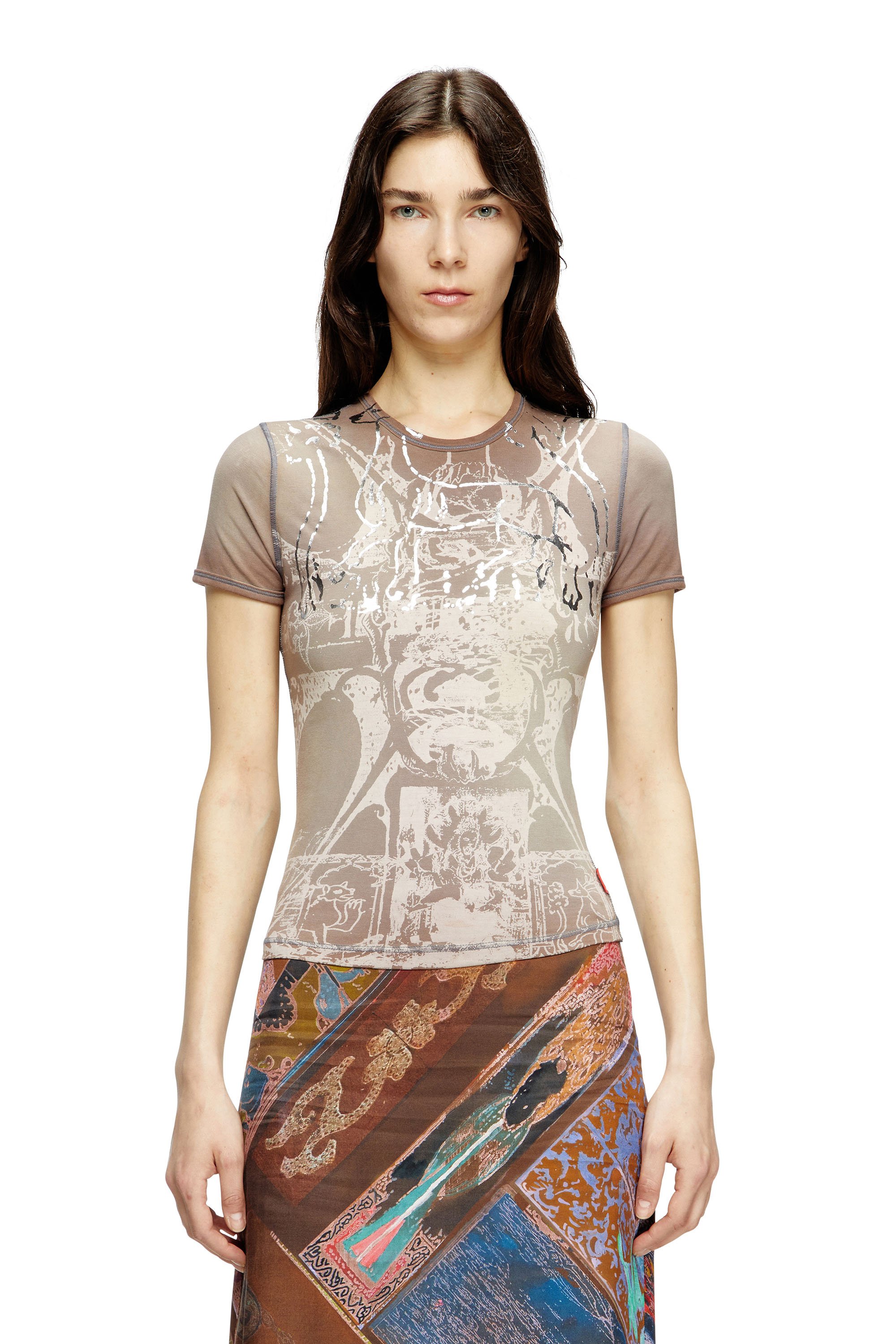 Diesel - T-shirt with foil print - T-Shirts - Woman - Brown