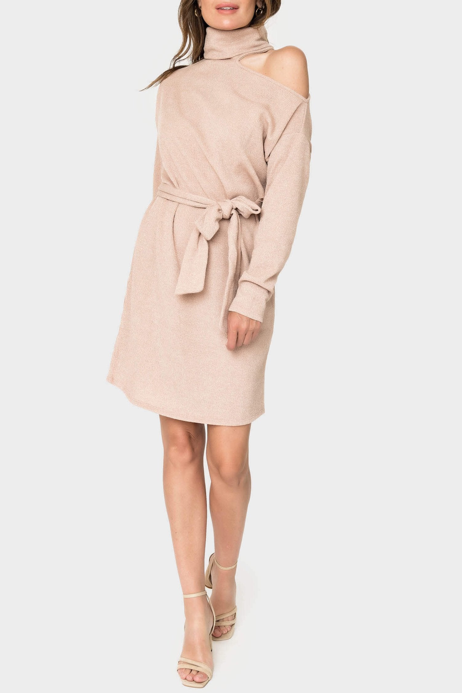 Mock Neck Ribbed One Shoulder Cut Out Knit Dress - Beige S