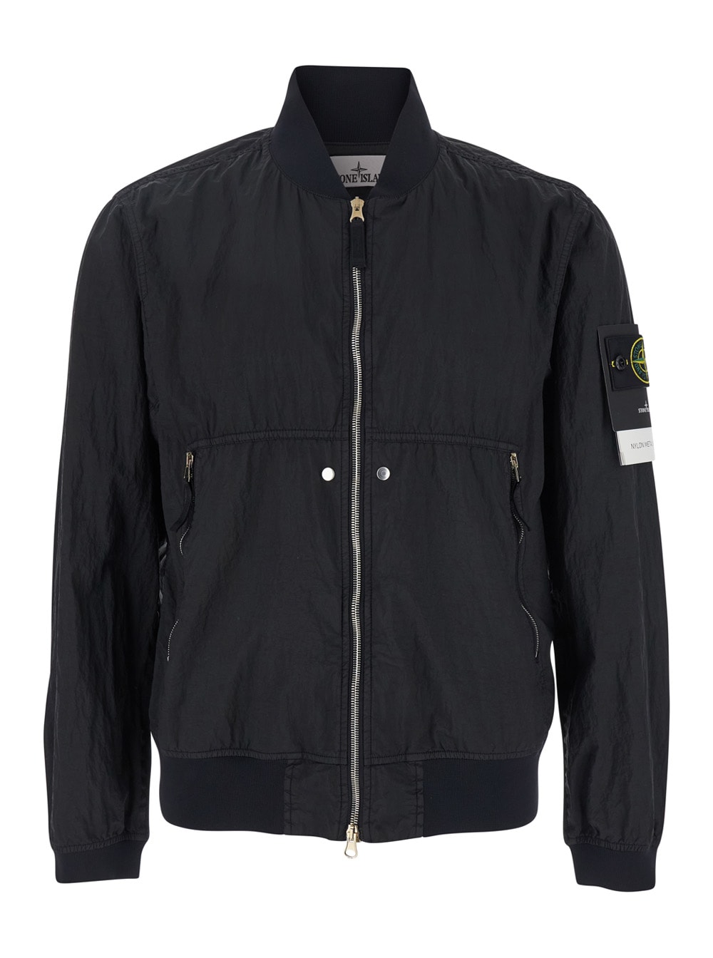 Stone Island 黑色男士飞行夹克 前拉链闭合 袖子logo贴布 科技面料