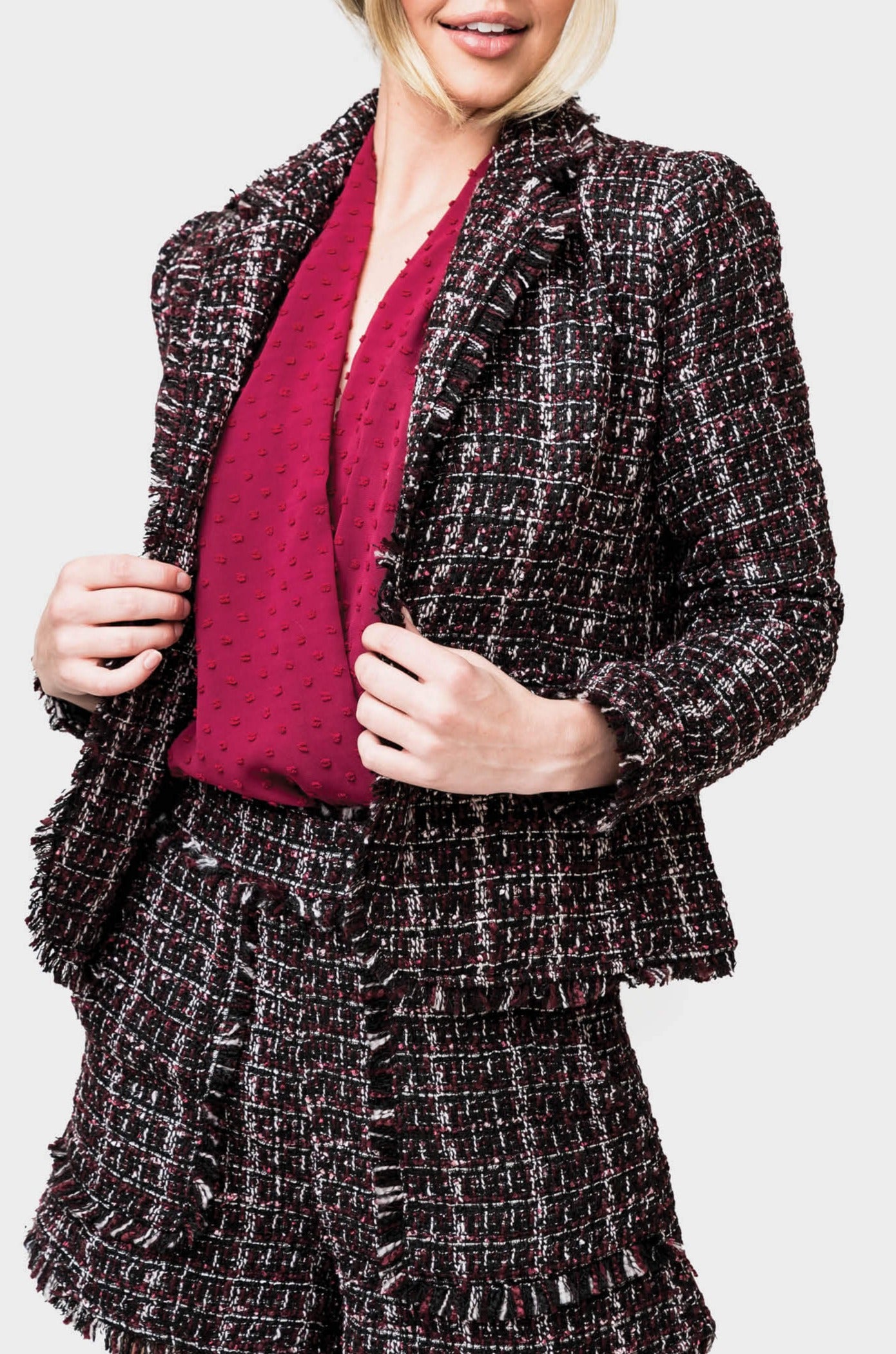 Notched Collar Boucle Blazer - Berry Black Boucle XS