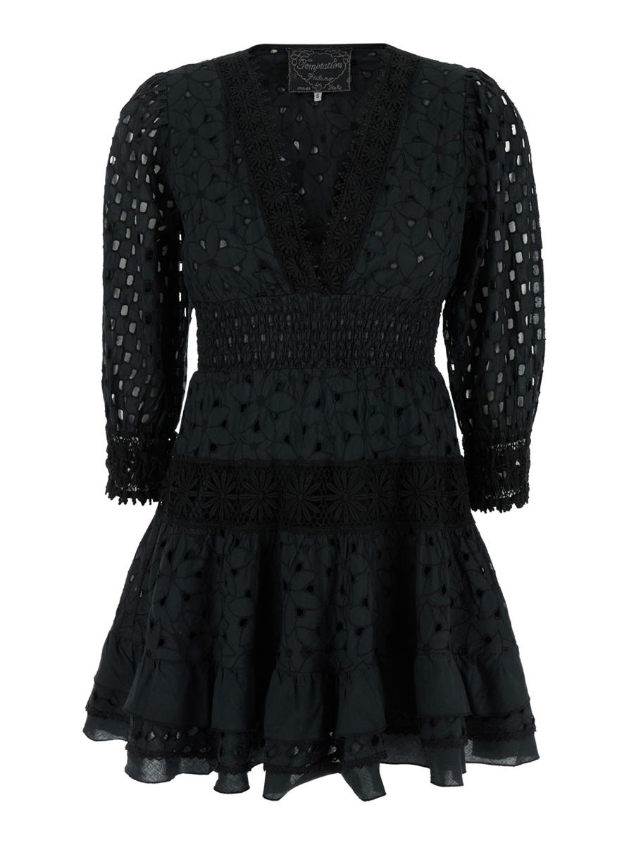 Mini Black Dress With V-Neckline And Embroideries In Cotton Lace Woman