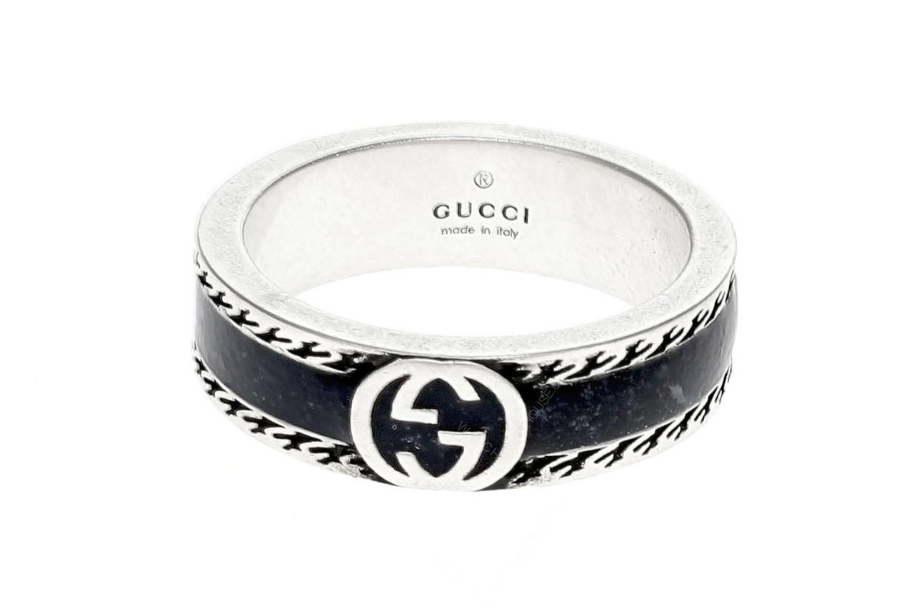 GUCCI Interlocking G Black Enamel Sterling Silver Ring YBC6455730020