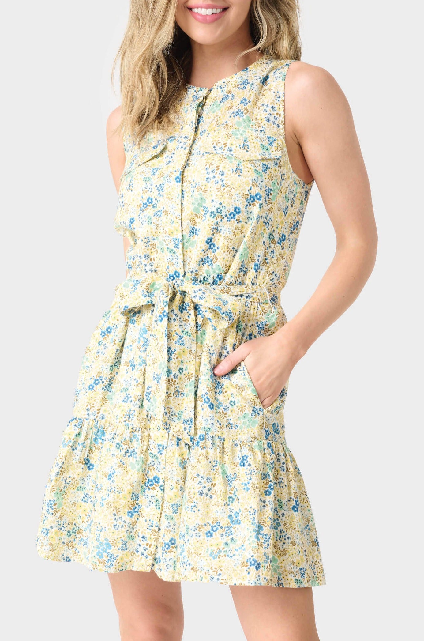Wildflower Sleeveless Belted Tiered Dress - Yellow Blue Flax Print XL