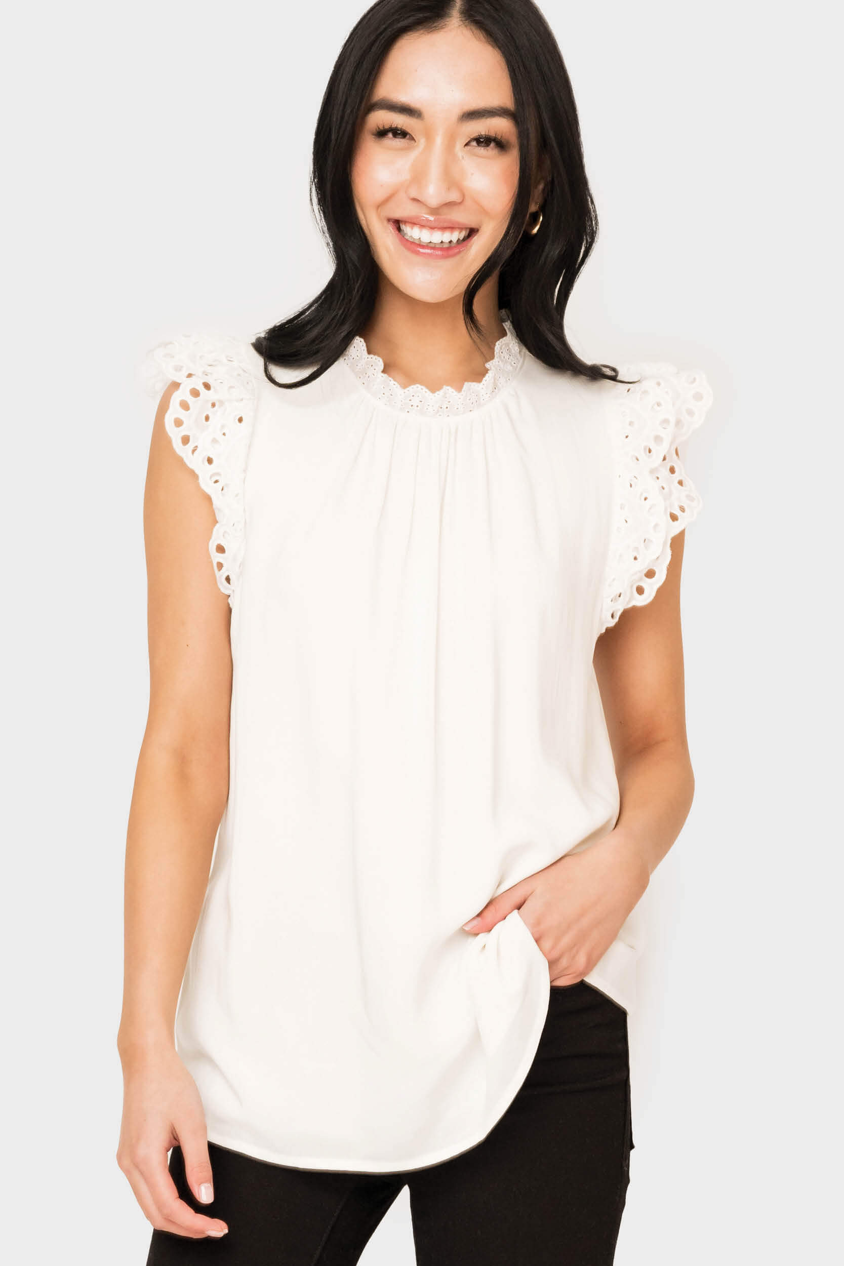 Eyelet Trim Woven Top - White S