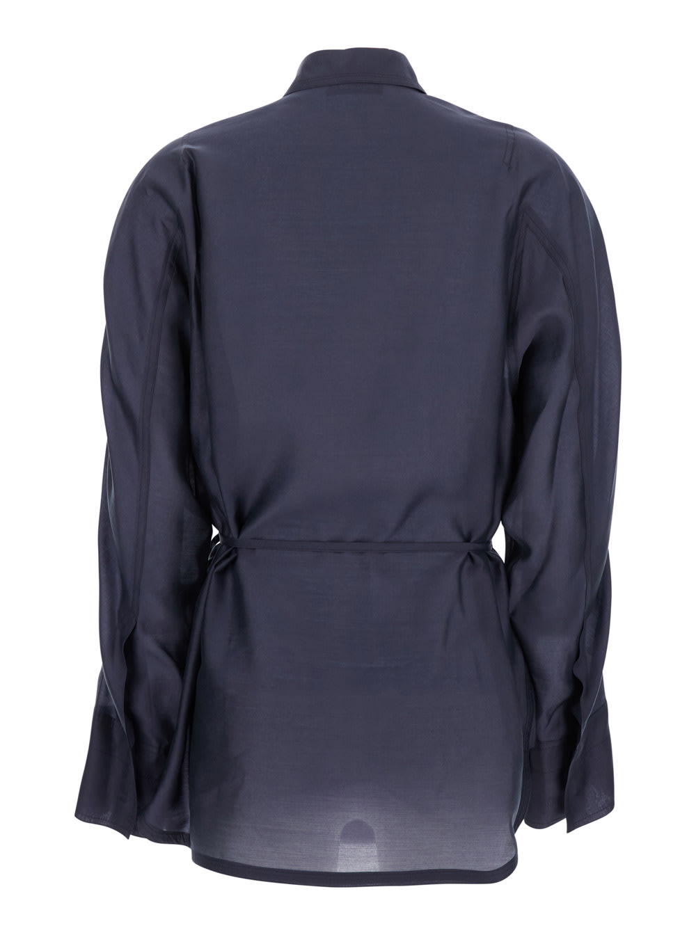 Low Classic Blue Shirt With Classic Collar And Belt Detail On The Waist In Tech Fabric Woman