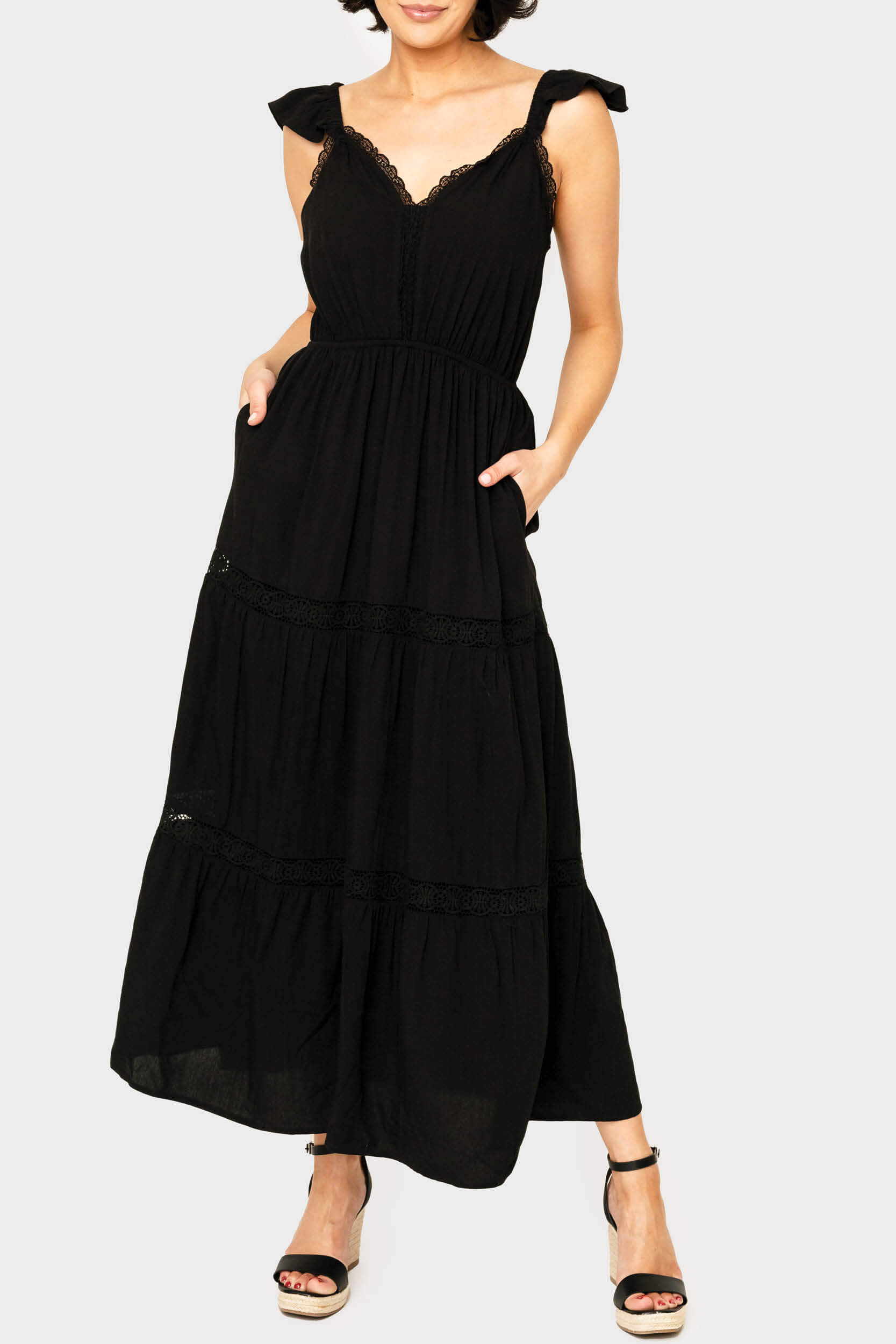 Strappy Crochet Inset Maxi Dress - Black XS