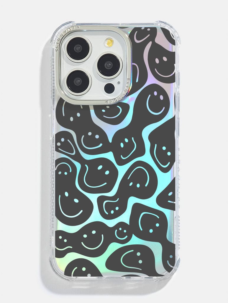 Black Warped Happy Face Holo Foil Shock i Phone Case, i Phone 14 Case