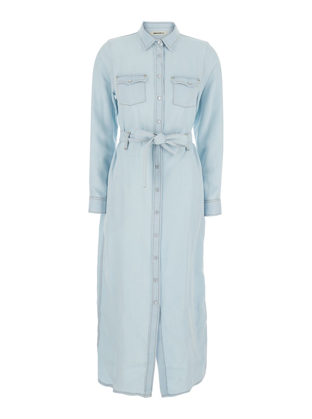 SEMICOUTURE artemia Light Blue Long Dress With Chest Patch Pockets And Waist Belt In Fabric Woman