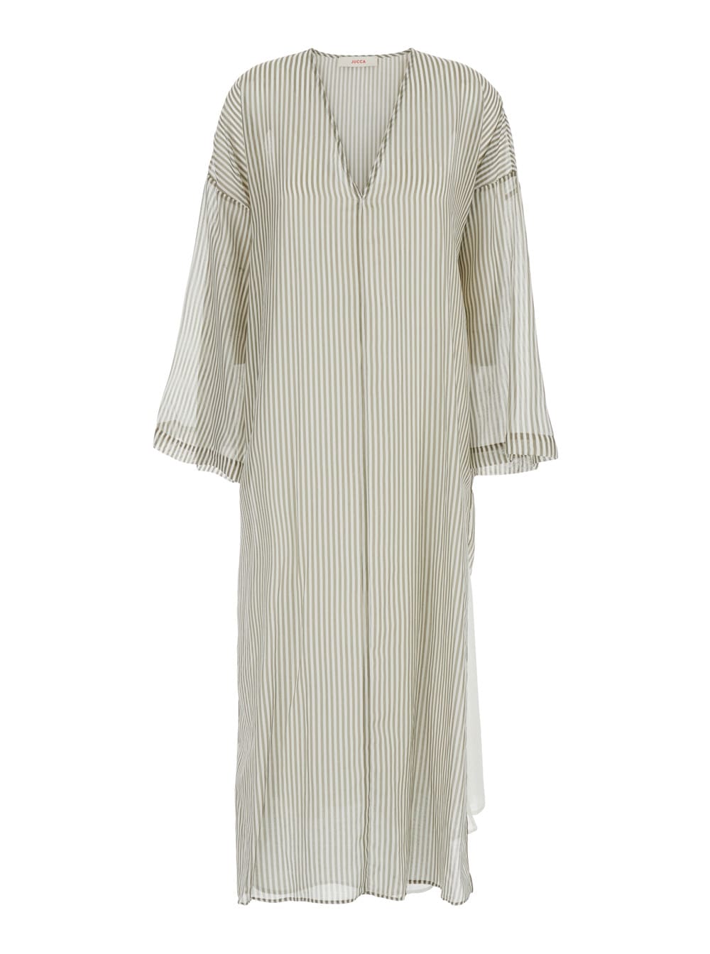 Jucca Green Caftan With V Neckline And All-over Striped Motif In Cotton And Silk Blend Woman
