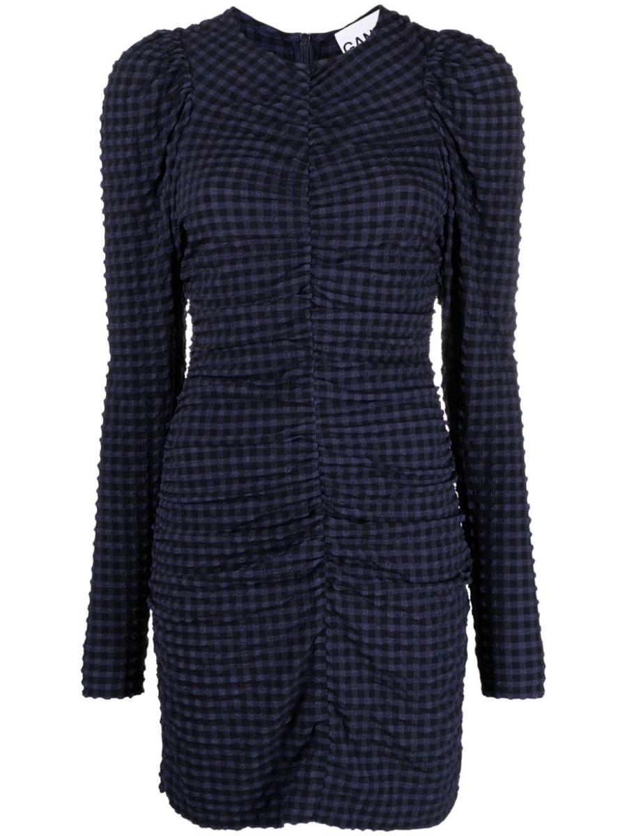 Ganni Stretch Seersucker O-Neck Mini Dress Clothing