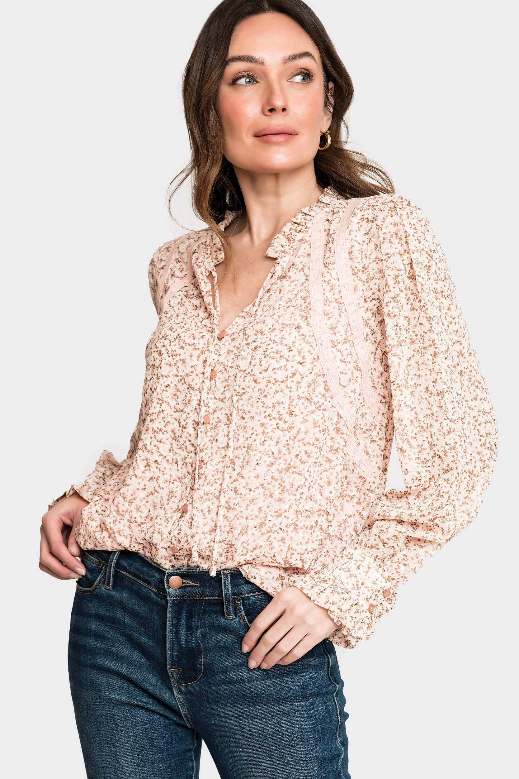 Long Sleeve Crochet Trim Blouse - Pink Ditsy Floral XS