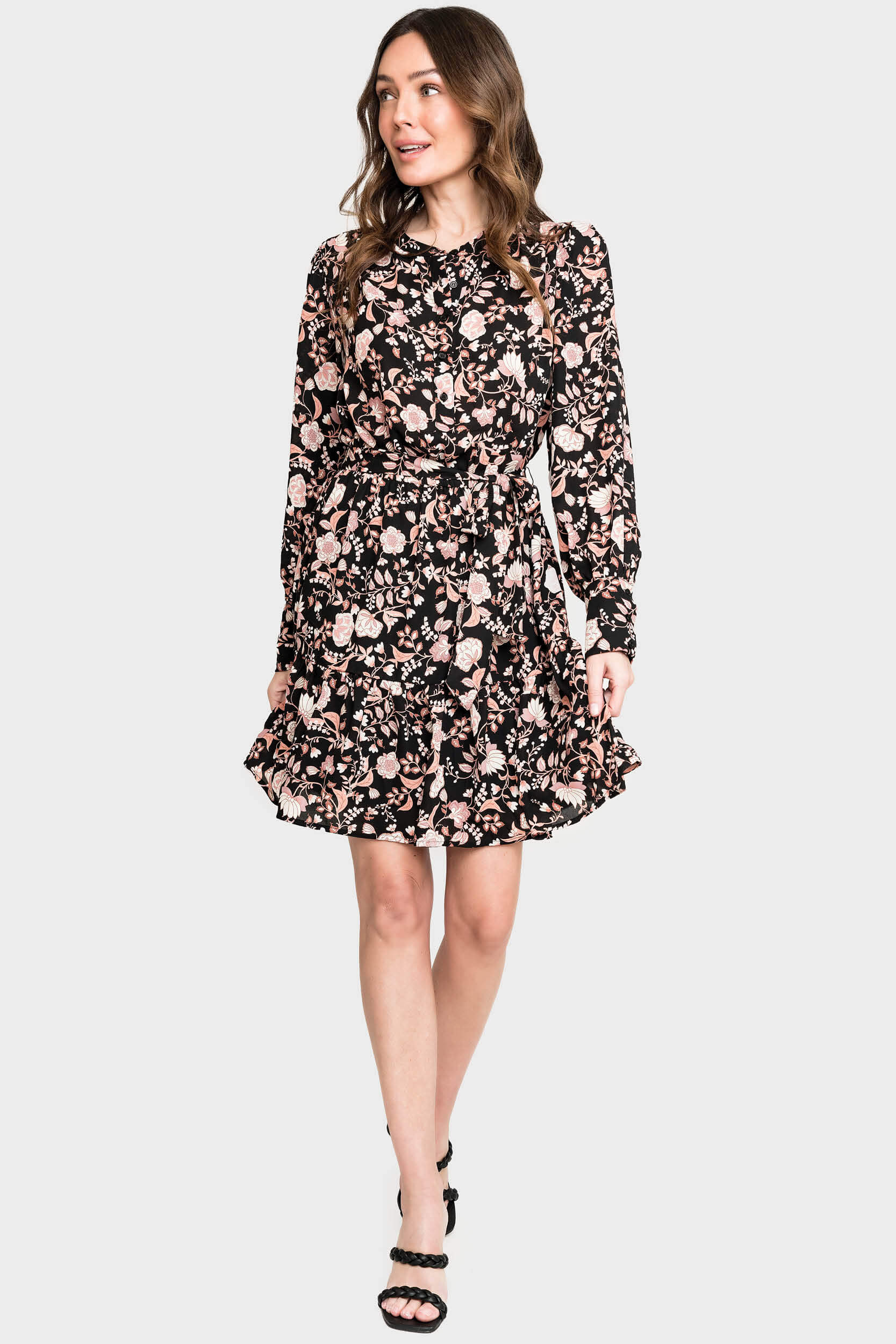 Blouson Long Sleeve Button Front Belted Dress - Black Blush Floral XL